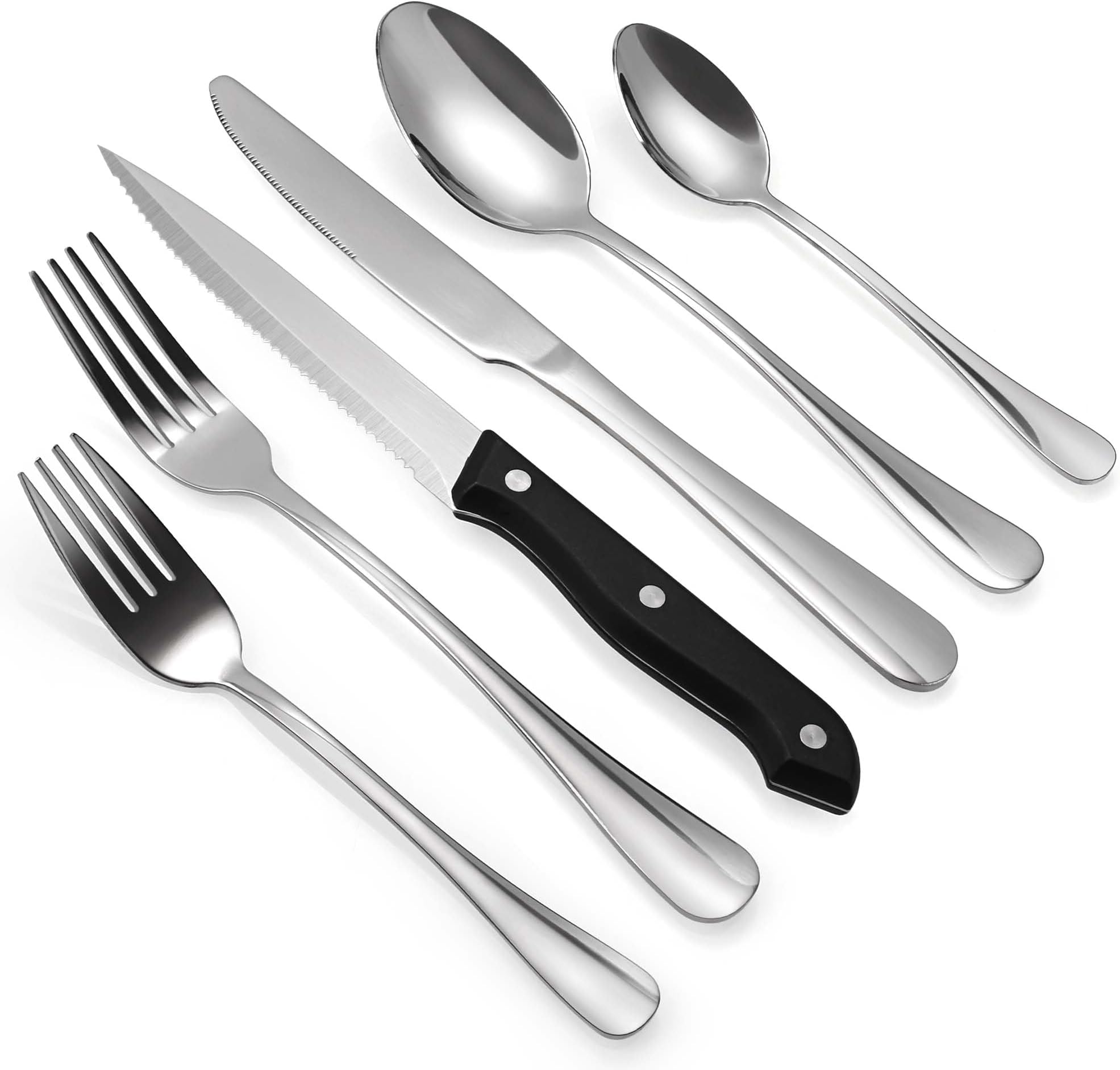 24 Piece Silverware Set, Flatware Utensils Set with Steak Knives for 4, Stainless Steel Cutlery Eating Tableware Set, Include Fork Kinfe Spoon, Mirror Polished, Dishwasher Safe