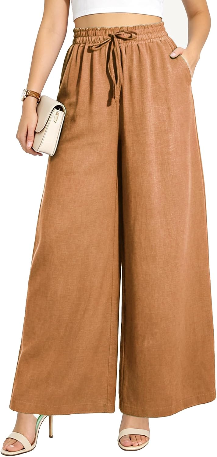 Women Wide Leg Casual Pants Flowy Palazzo Pants with Pockets Elastic High Waist Women Pants