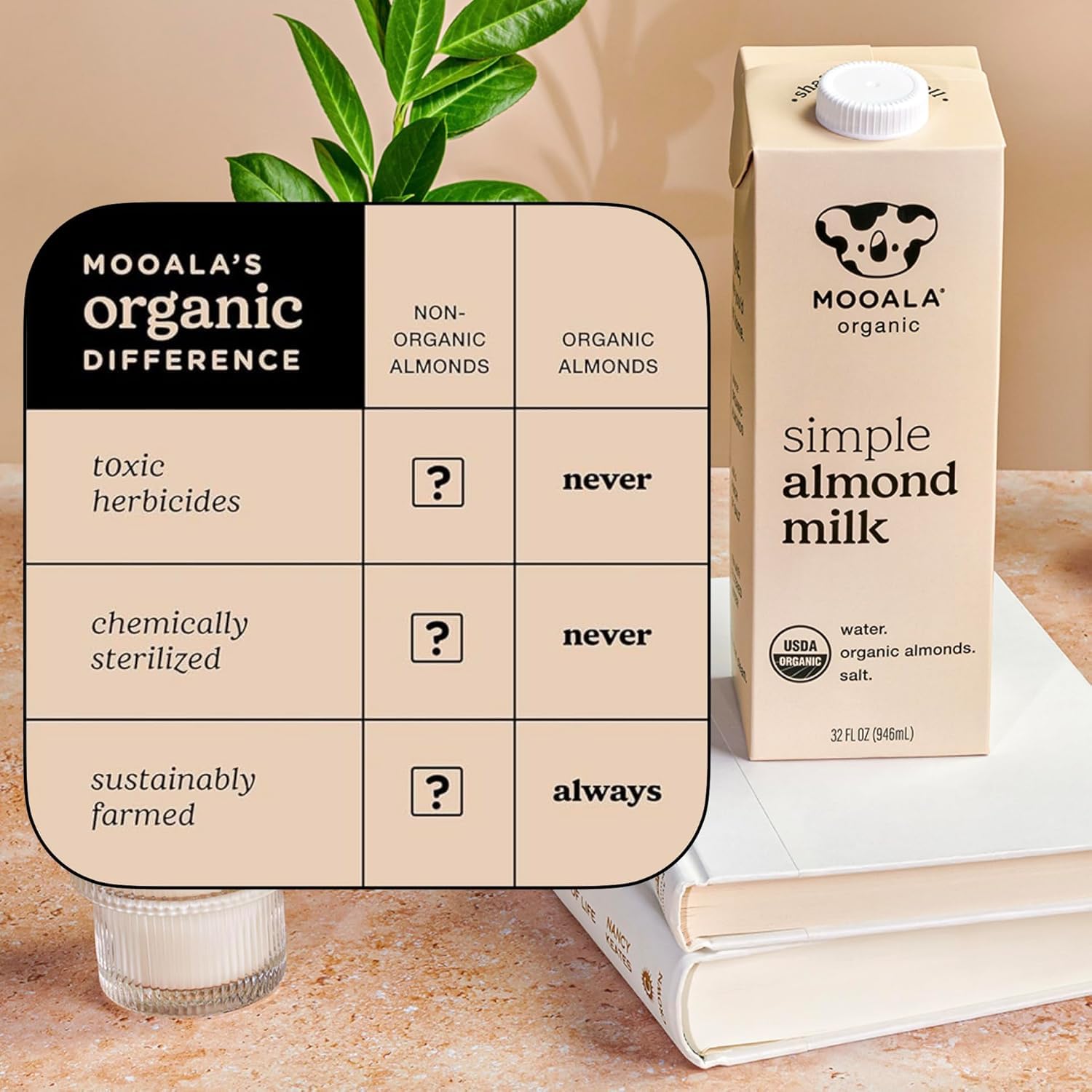 Mooala Organic Simple Almond Milk, 32oz - 3 Ingredient, Shelf Stable, No Gums, No Oils, No Fillers, Unsweetened, Non-GMO, No Additives, Dairy Free Plant Based Milk