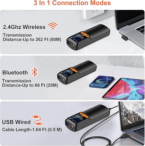 Miniatura 4 de KUIIYER Mini escáner de código de barras Bluetooth, escáneres inalámbricos 2D QR 1D de código de barras con pantalla LCD y teclado de ajuste y voz