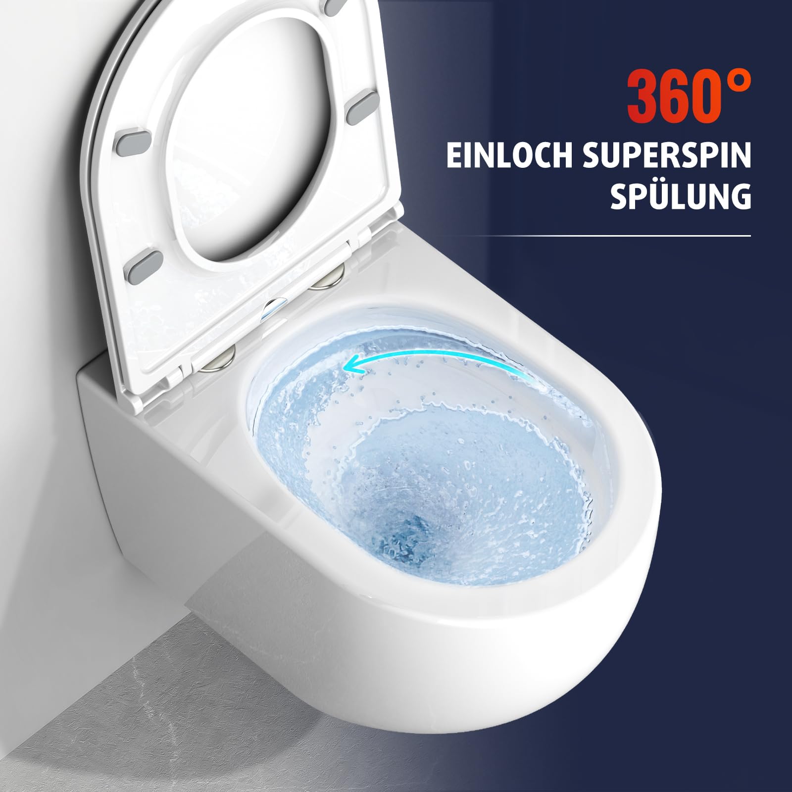 Rainsworth WC suspendu sans bord – Cuvette murale à 360° Superspin – Cuvette et abattant de WC avec système d'abaissement automatique – Blanc