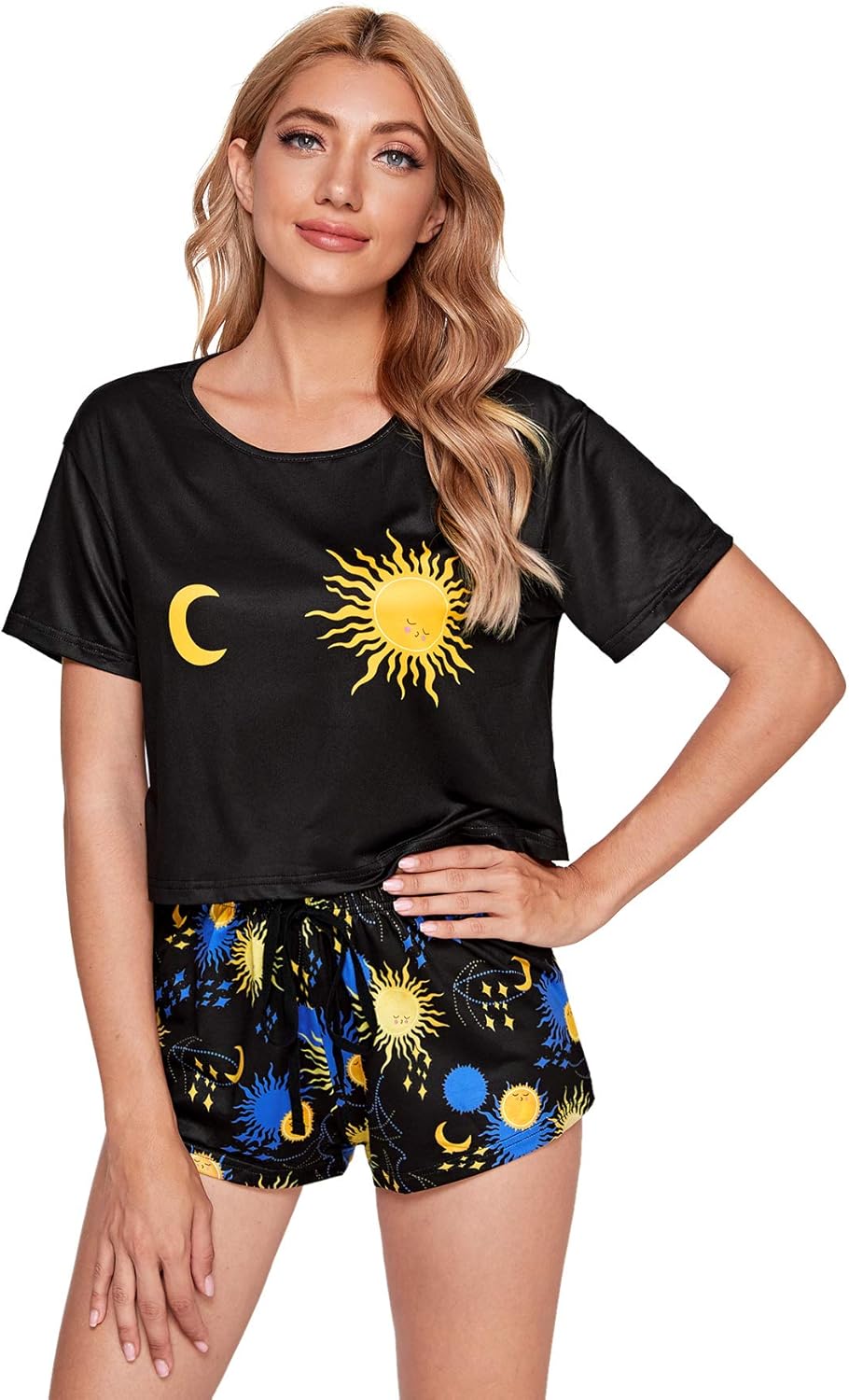 SweatyRocks Women's Cute Graphic Print Short Sleeve Crop Top with Shorts Pajama Set - Image 3