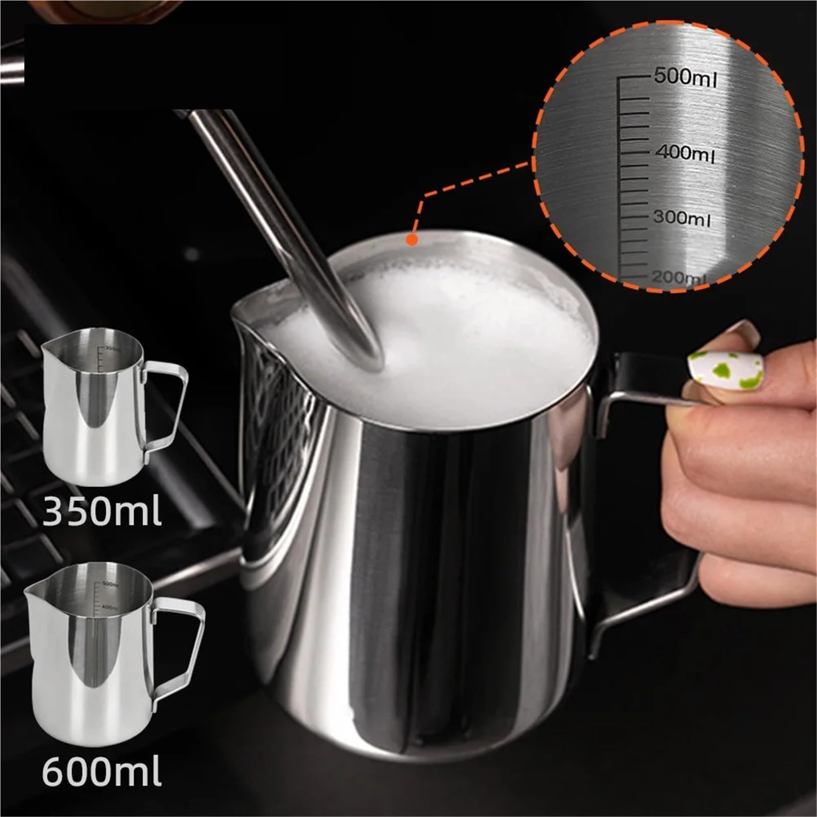 Milchschaum Kanne 350/600 ml Edelstahl-Kaffeekanne mit Skala, Barista-Dampfschale und Kaffeenadel(350ml 600ml Kit)