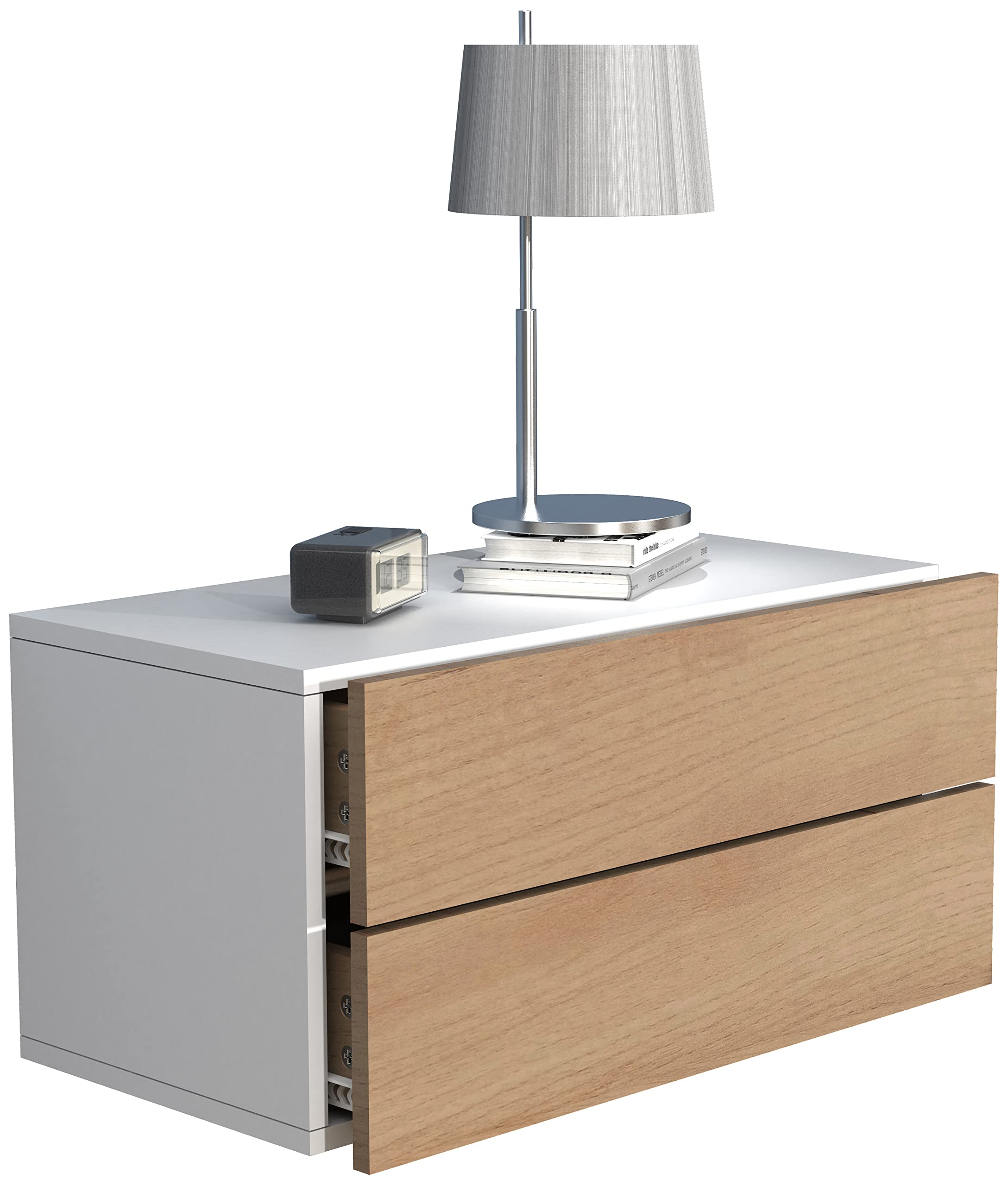 VCM Nachtschrank | Wandschublade | Wandboard | Nachttisch | Maße ca H. 30 x B. 60 x T. 32 cm - Usal L 60 cm Weiß/Honig-Eiche