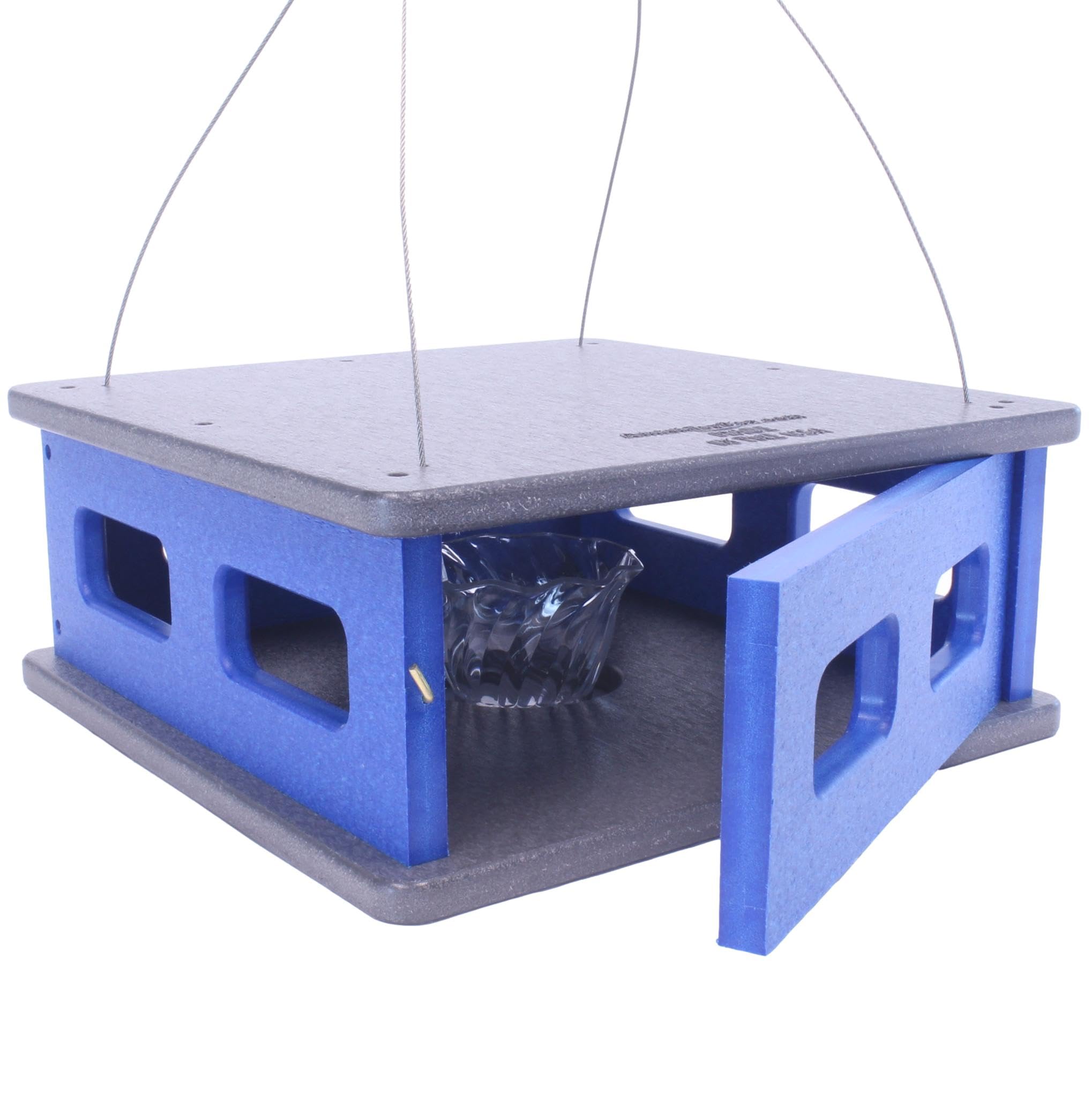 AmishToyBox.com Bluebird Feeder - Hanging Block House Mealworm Feeder for Bluebirds - Amish-Made with Poly Lumber (Gray and Blue)