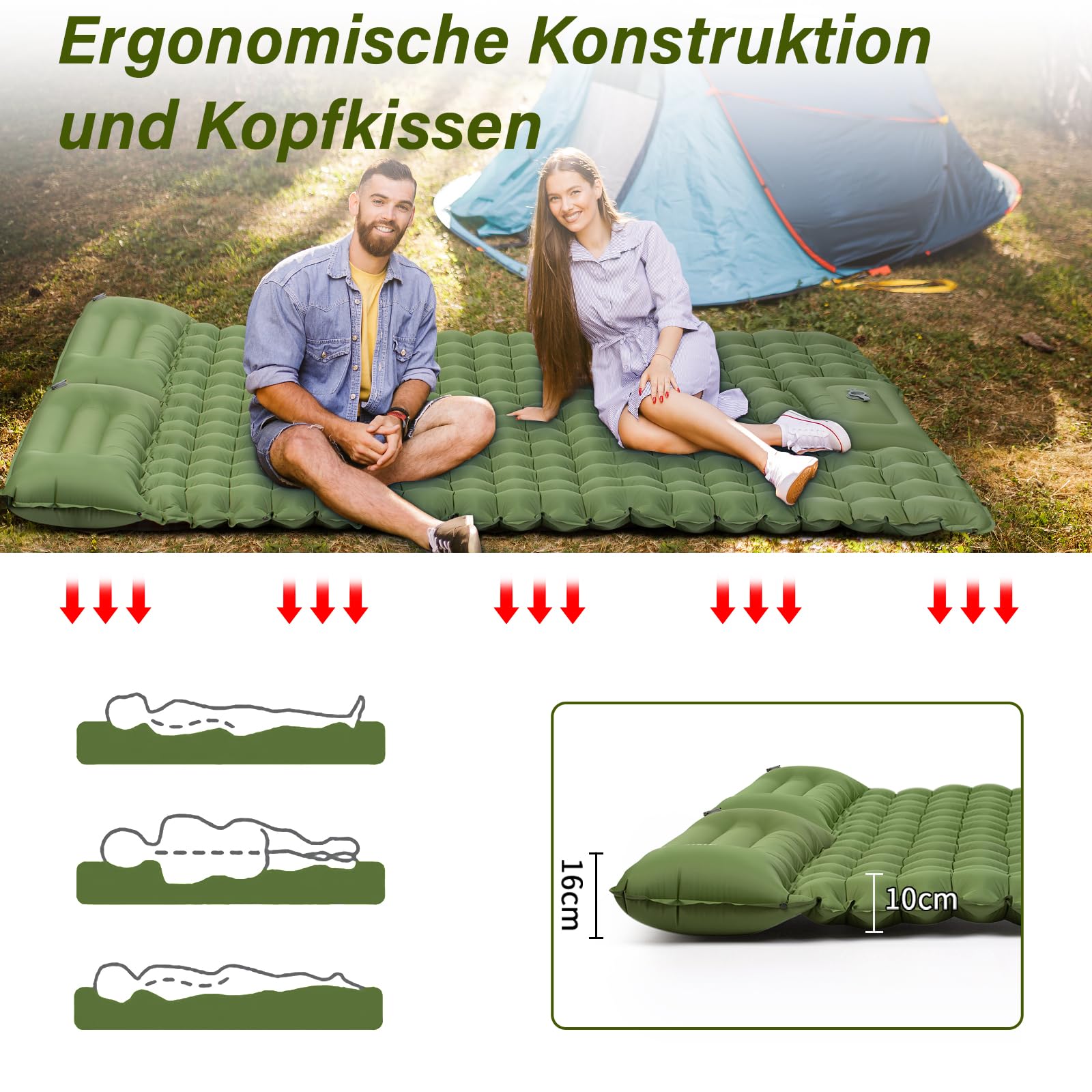 Materassino Gonfiabile Da Campeggio Matrimoniale - 200x135x10cm, Autogonfiante, Ultraleggero - Foto 9