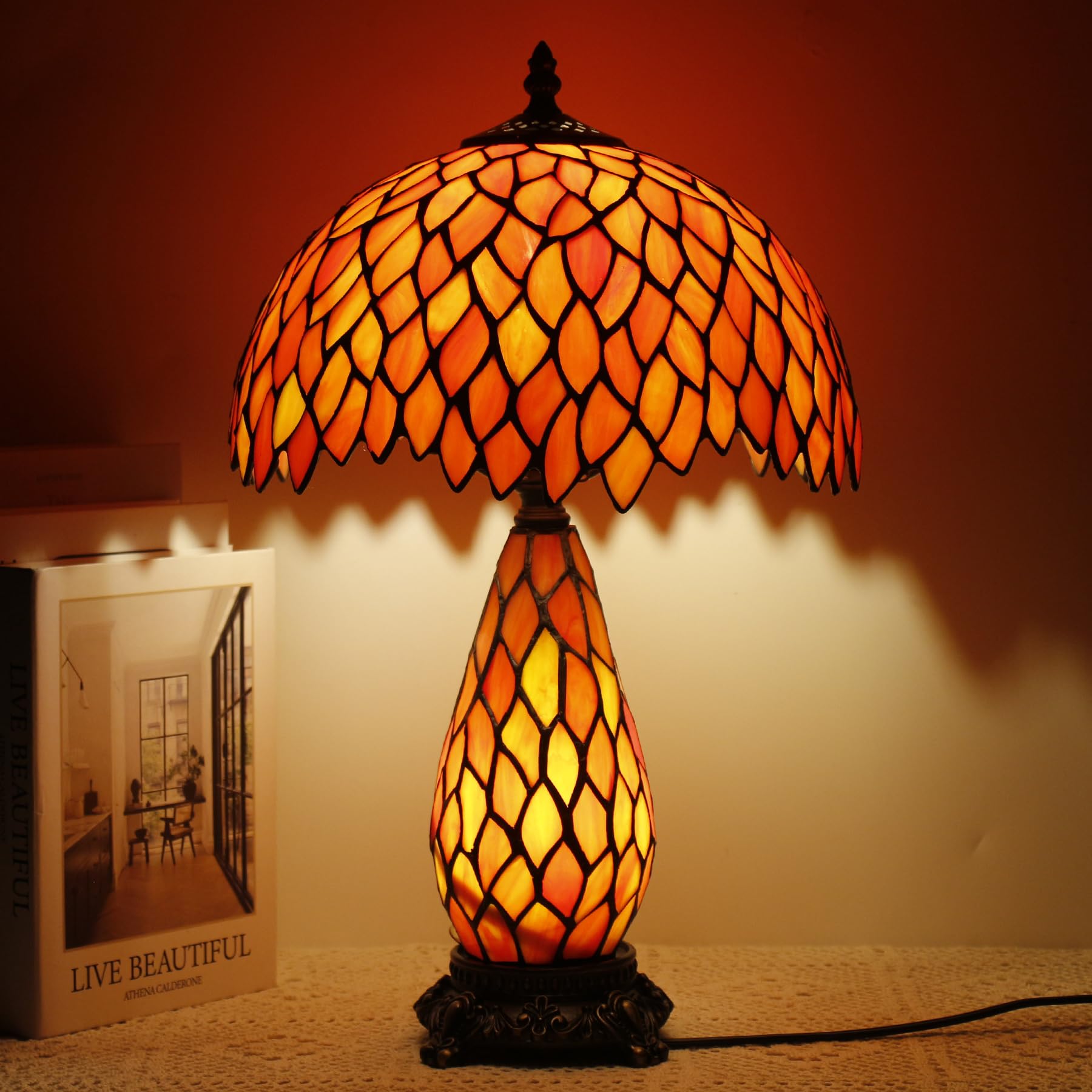 TCODTPOL Tiffany Stained Glass Table Lamp 12X19 Inches,Wisteria Red Orange