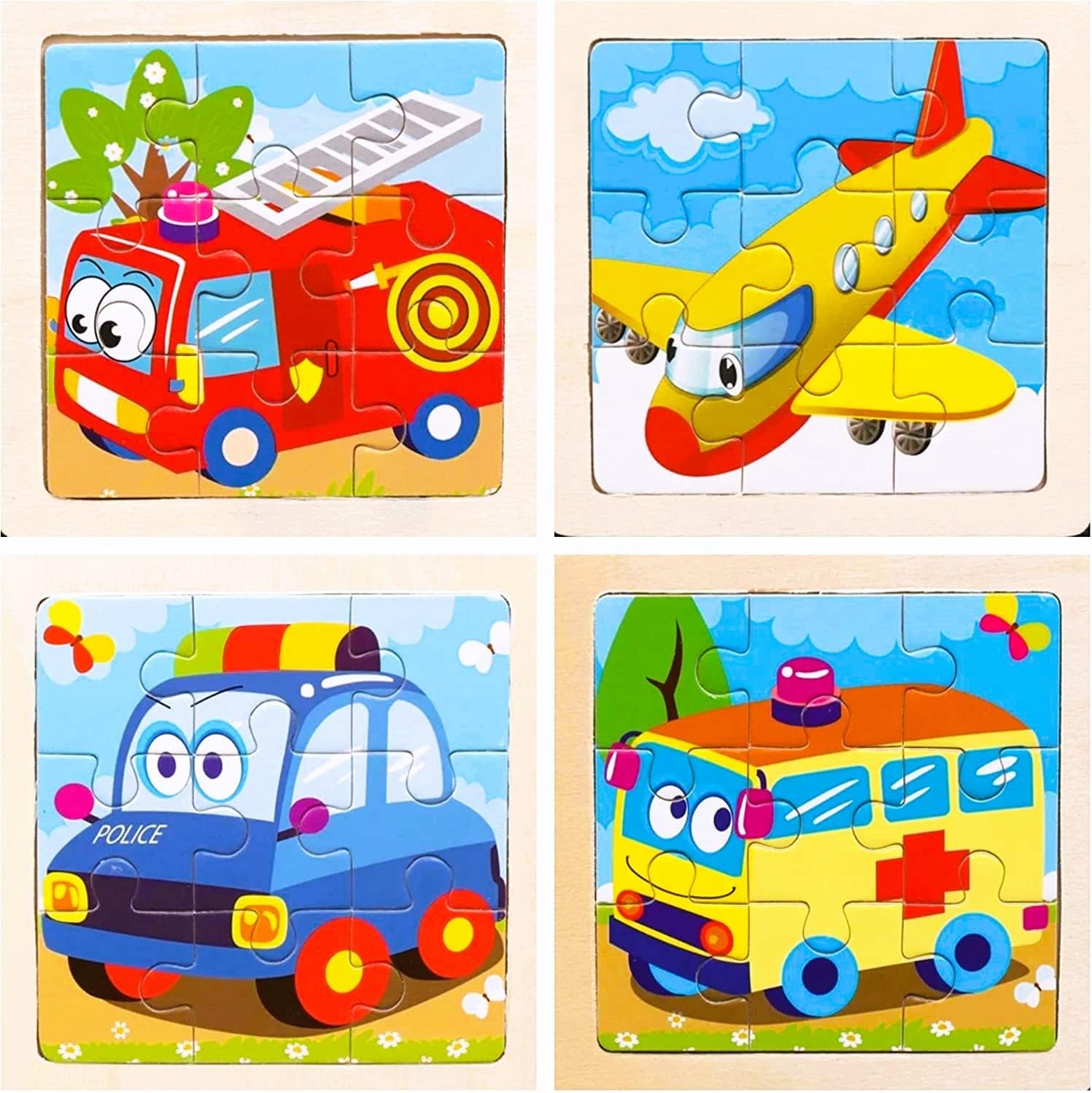 Wooden jigsaw puzzle for kids, pack of 4 puzzles set (Police car, airplane, fire truck & ambulance bus) for toddlers and kids. Children's early learning & educational toys
