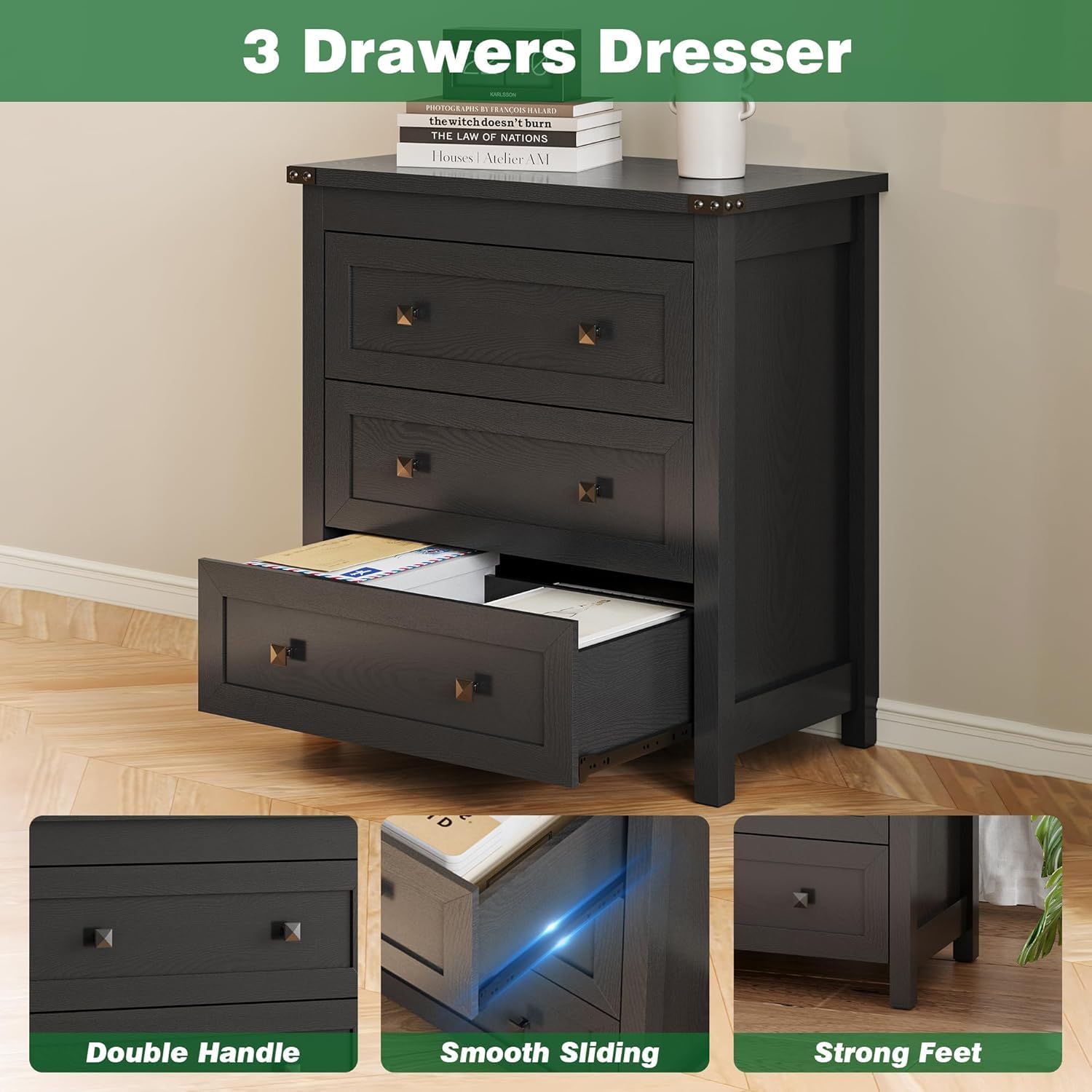 Dresser for Bedroom with 3 Drawers, 27.55" Wide Small Chests of Drawers, Farmhouse Wood Nightstand Bedside Cabinet End Table, Modern Closet Storage Organizer for Living Room, Entryway, Hallway, Black - Image 5
