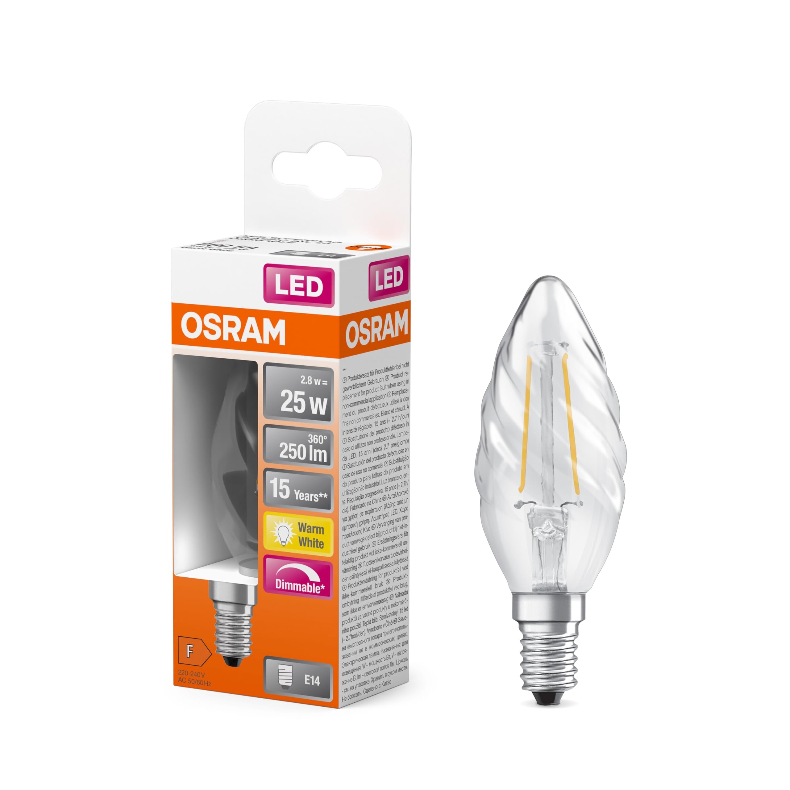 OSRAM LED Superstar Classic Lampe mit Filament in klassischer gedrehter Minikerzenform, klares bleifreies Glas, 2.8 W, 250 lm, warmweißes Licht (2700 K), E 14 Sockel, 35 mm Durchmesser, IP20, dimmbar.