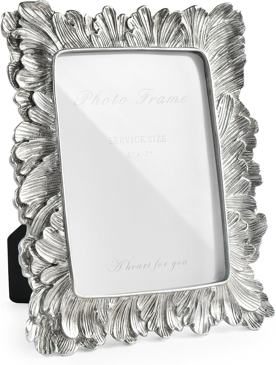 Cuspin Silver Vintage 5x7 Picture Frame Ornate Palm Leaf Resin Frame | Handcrafted resin texture, glass front protection, wall hanging and tabletop display, elegant retro design, home decor