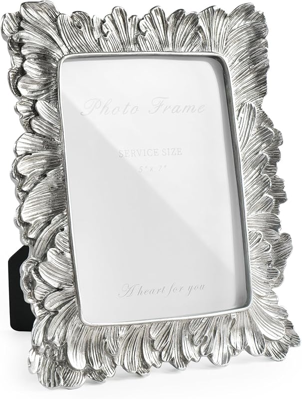 Cuspin Silver Vintage 5x7 Picture Frame Ornate Palm Leaf Resin Frame | Handcrafted resin texture, glass front protection, wall hanging and tabletop display, elegant retro design, home decor