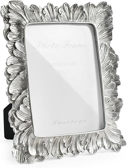 Silver 5x7 Picture Frame, Vintage Silver Palm Leaves Textured Hand-Crafted Resin with Glass Front Elegant Retro Vintage Rustic Design Photo Frame for Wall and Tabletop Display Home Decor