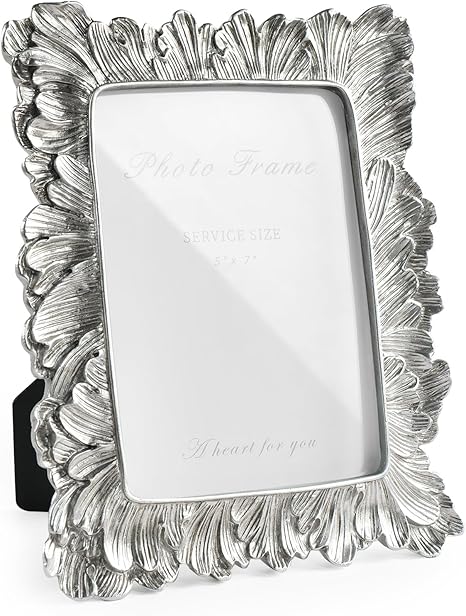 Silver 5x7 Picture Frame, Vintage Silver Palm Leaves Textured Hand-Crafted Resin with Glass Front Elegant Retro Vintage Rustic Design Photo Frame for Wall and Tabletop Display Home Decor