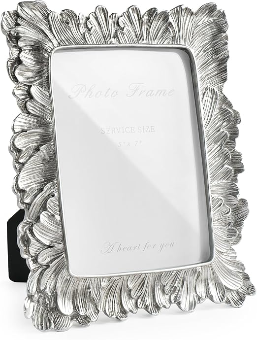 Silver 5x7 Picture Frame, Vintage Silver Palm Leaves Textured Hand-Crafted Resin with Glass Front Elegant Retro Vintage Rustic Design Photo Frame for Wall and Tabletop Display Home Decor