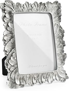 Silver 5x7 Picture Frame, Vintage Silver Palm Leaves Textured Hand-Crafted Resin with Glass Front Elegant Retro Vintage Rustic Design Photo Frame for Wall and Tabletop Display Home Decor