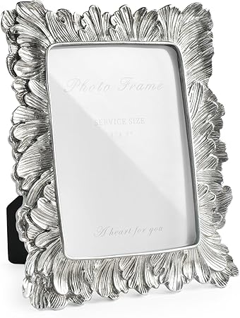 Silver 5x7 Picture Frame, Vintage Silver Palm Leaves Textured Hand-Crafted Resin with Glass Front Elegant Retro Vintage Rustic Design Photo Frame for Wall and Tabletop Display Home Decor