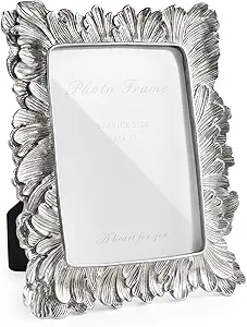 Silver 5x7 Picture Frame, Vintage Silver Palm Leaves Textured Hand-Crafted Resin with Glass Front Elegant Retro Vintage Rustic Design Photo Frame for Wall and Tabletop Display Home Decor