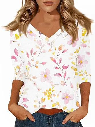 HTHLVMD Womens 3/4 Length Sleeve Tunic Tops Summer Fall Outfits 2025 Three Quarter Sleeve Casual V Neck T Shirts for Women