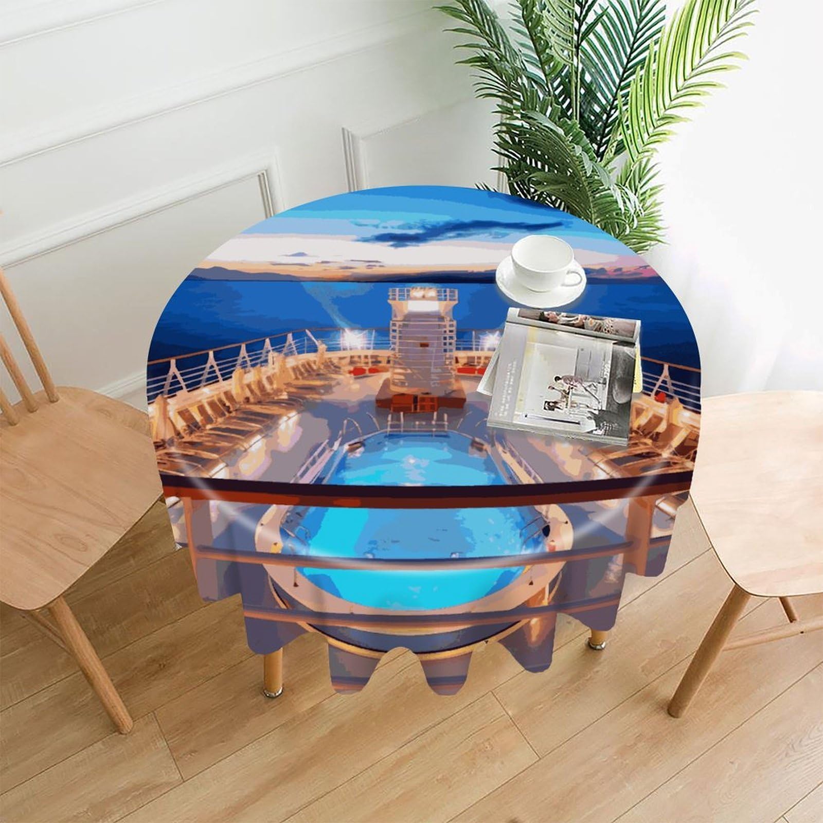 FekiLoot Pool Party Cruise Ship Round Tablecloth Cover 60 Inch Wrinkle Free Washable Polyester Fabric Table Cover Decorative Round Table Cloth for Home Dining Kitchen Party Farmhouse
