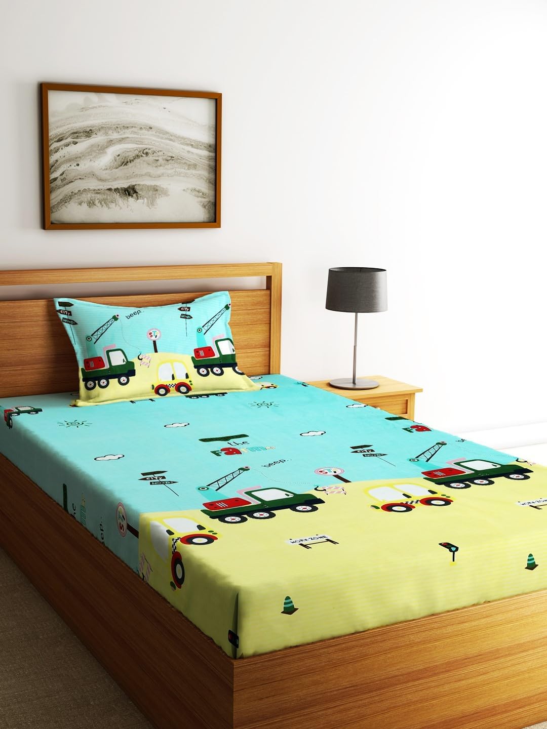 Home Sizzler 144TC Kid's Truck Light Green Single Bedsheet with 1 Pillow Cover