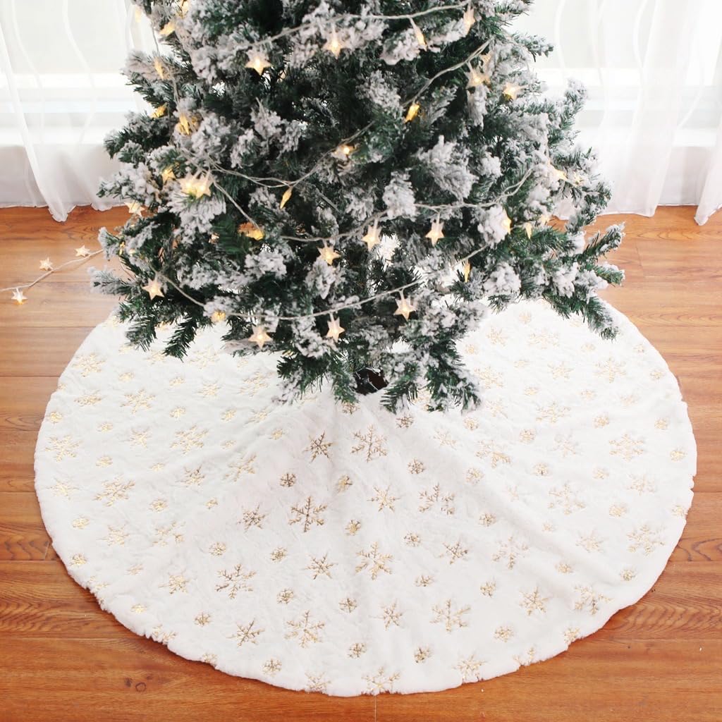 Jupe pour Sapin de Noël Or 90cm Blanche Flocon de Neige