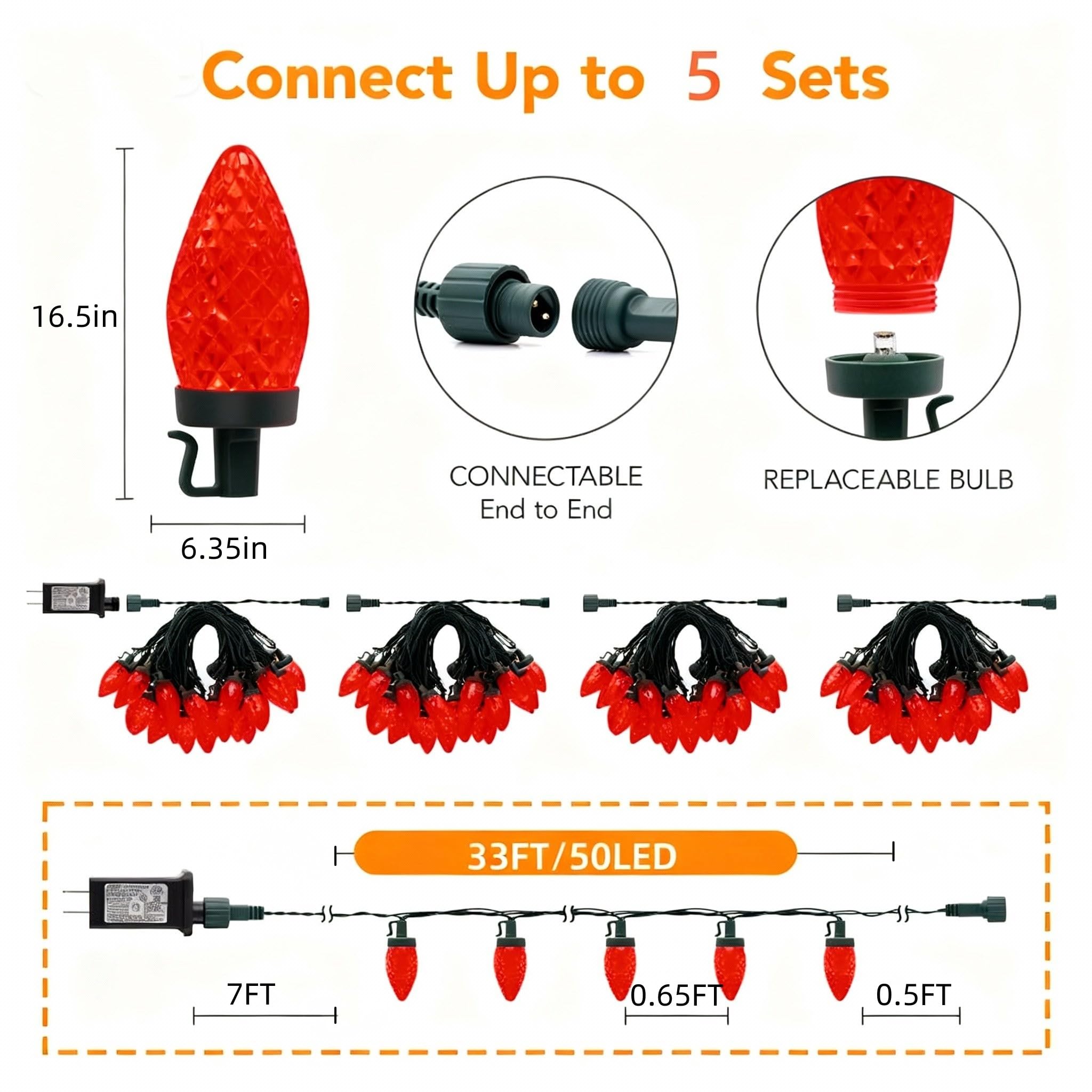 Tira de 50 luces LED de 33 pies, 8 modos de iluminación, luces de Navidad C9 para exteriores, impermeables, extensibles, para interiores y exteriores, techo, patio, hogar, decoración de