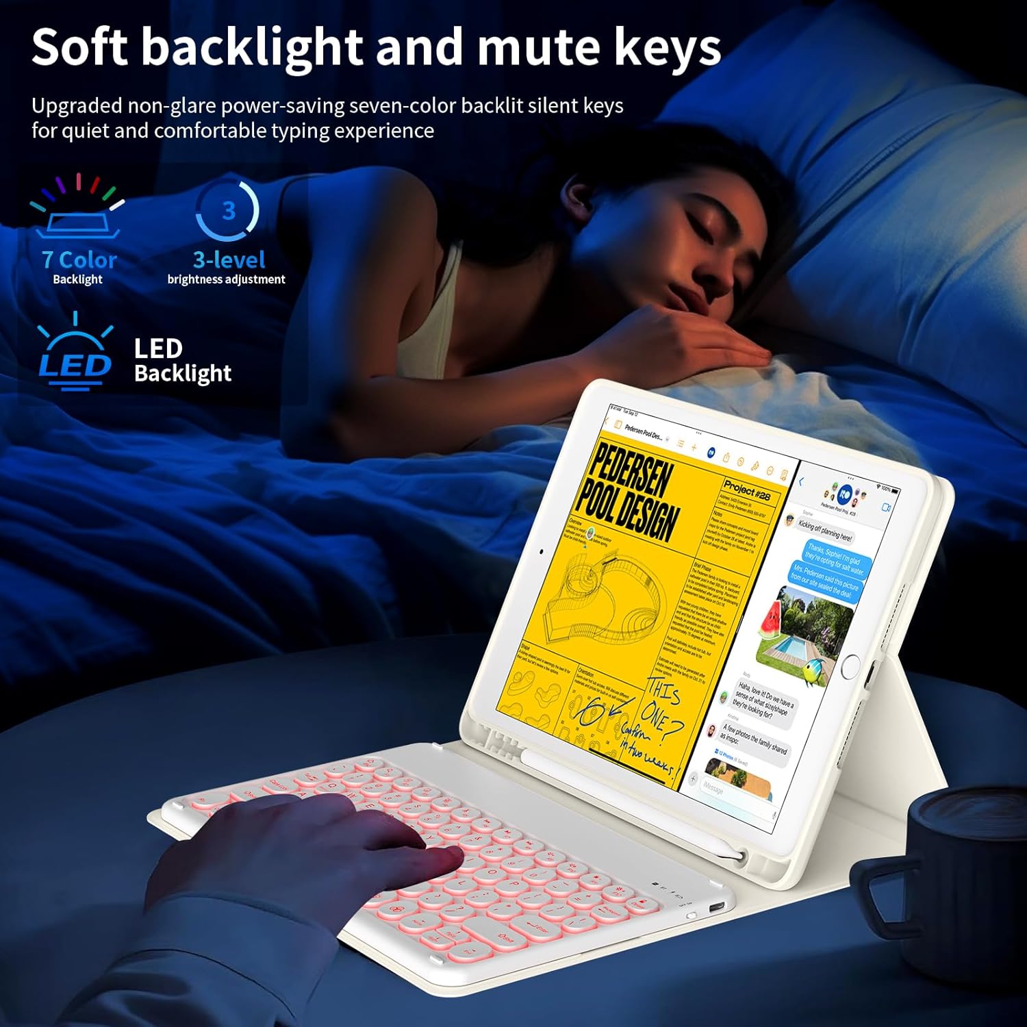 JKSML Keyboard Case for iPad 9th/8th/7th Generation(2021/2020/2019) 10.2 Inch, Case with 7 Colors Backlit Detachable Keyboard Soft TPU Back Folio Stand, Built-in Left Side Pencil Holder, Cream White