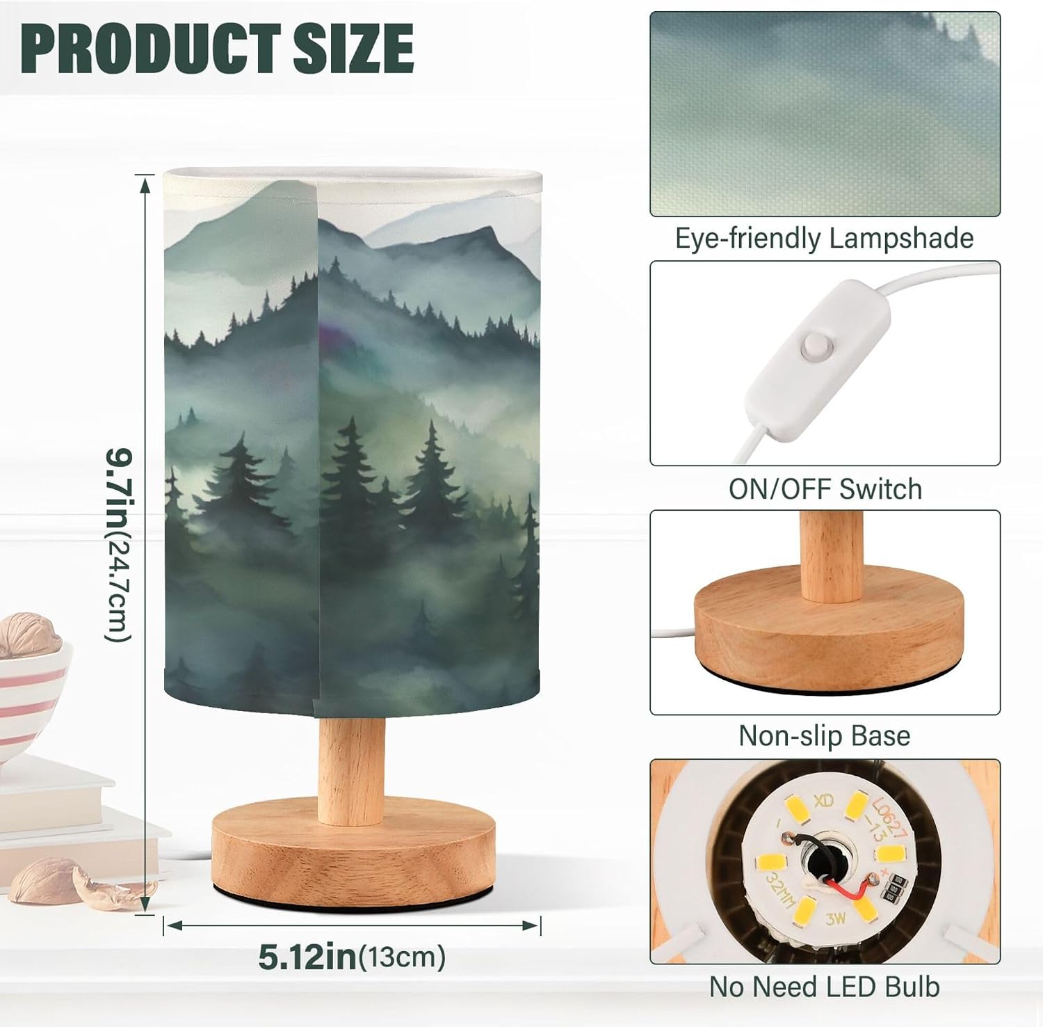 Qilmy Ink Mountain Landscape Bedside Table Lamp with LED Light Included, Button Switch Control for Bedroom Nightstand Lamp with USB Ports for Living Room Bedroom Home Office