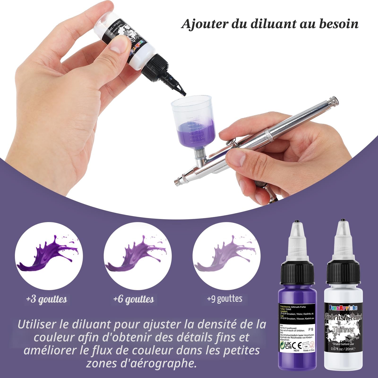FansArriche Peinture Aérographe 44 couleurs + 6 diluants, 20 ml/bouteille