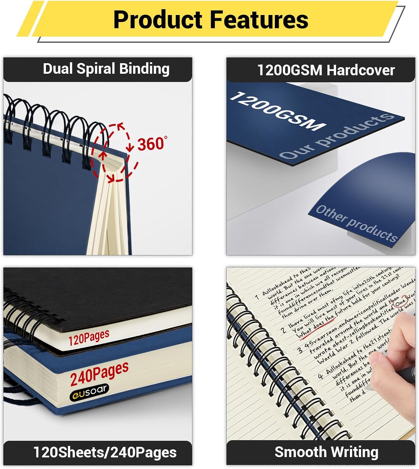 EUSOAR Notebooks for Work, 3 Pack B5 7.3"x10.2" Blue Journal Hardcover Spiral Lined Notebook, 240 Pages(120 Sheets) Writing Pads College Ruled Notebook for DIY Note Taking School Business Office Diary