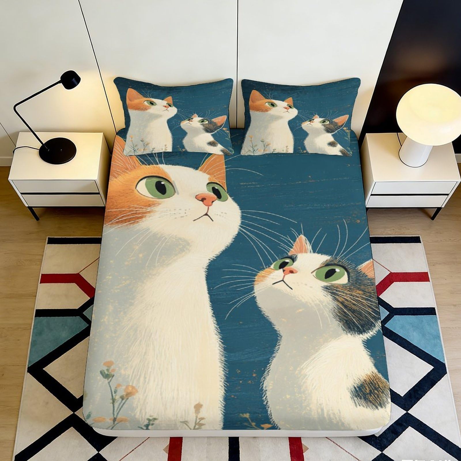 3D Printed Cute Cat Fitted Sheet Microfiber Soft Blue Cartoon Animal Bed Cover for Bedroom Guest Room Decor Washable 90x200x25cm