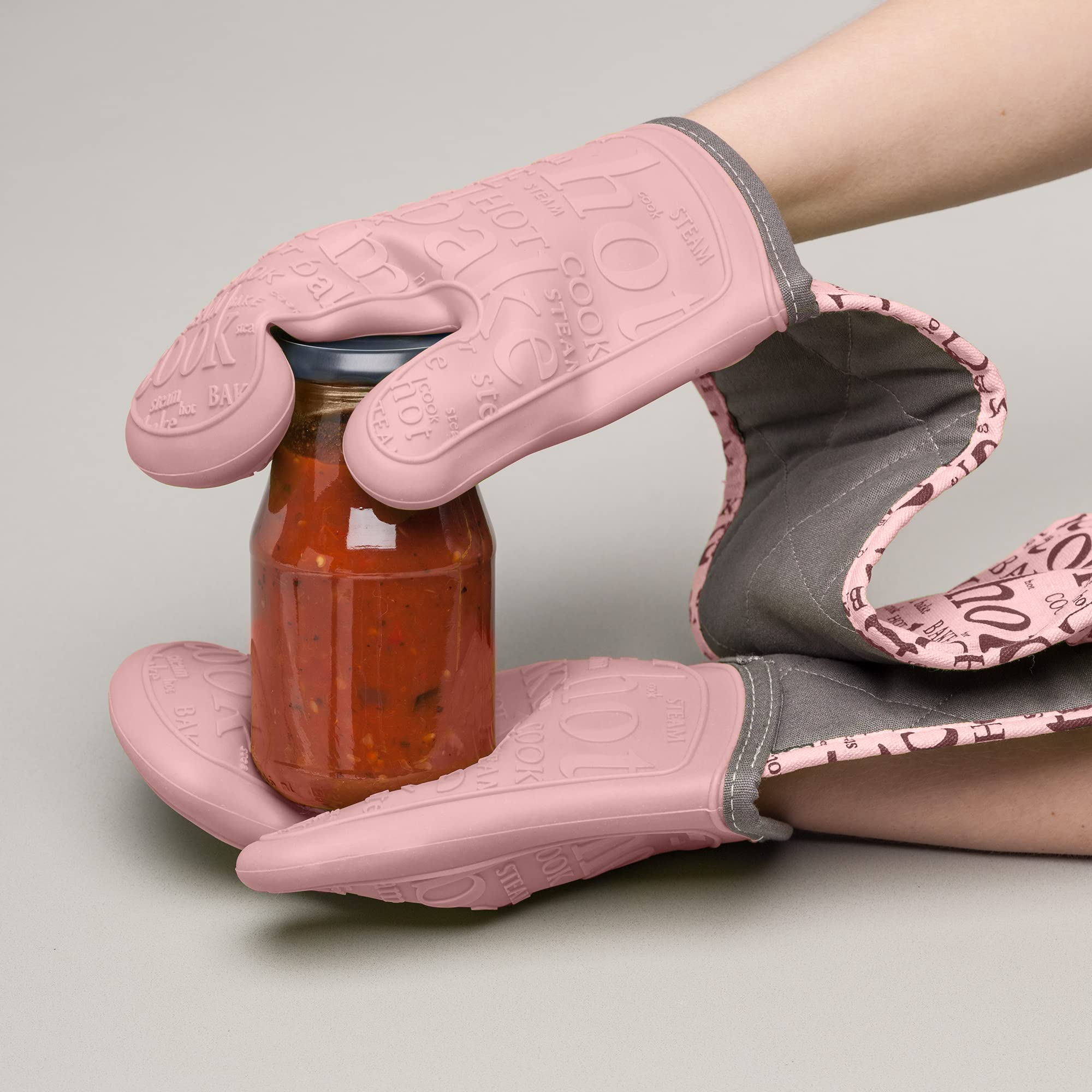 Zeal Doppelte Ofenhandschuhe aus Silikon, hitze-, dampf- und wasserbeständige Handschuhe mit gestepptem Stoff innen, Rutschfester Griff, perfekt zum Kochen und Backen, maschinenwaschbar, Rose Pink