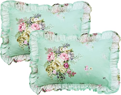 Miniatura 4 de FADFAY Juego de funda de edredón floral 100% algodón con volantes y encaje de princesa para niñas, con falda de cama, 4 piezas, color verde, tamaño
