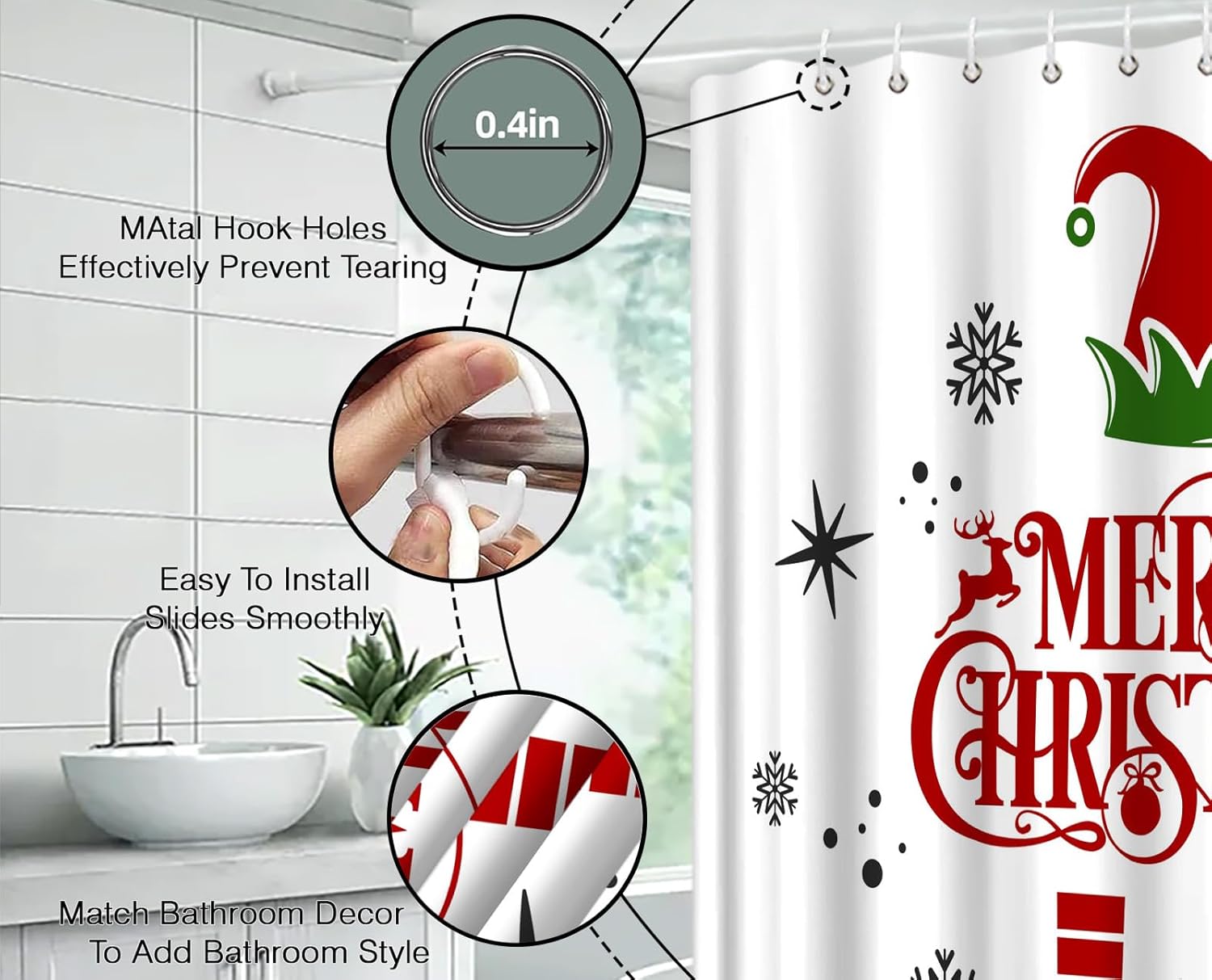 Sunhe Christmas Elf Shower Curtain Red Green Cartoon Elfs Leg Funny Quotes Snowflake Merry Christmas Winter Holiday 70" Wx96 H Bathroom Decor Curtain with Hooks