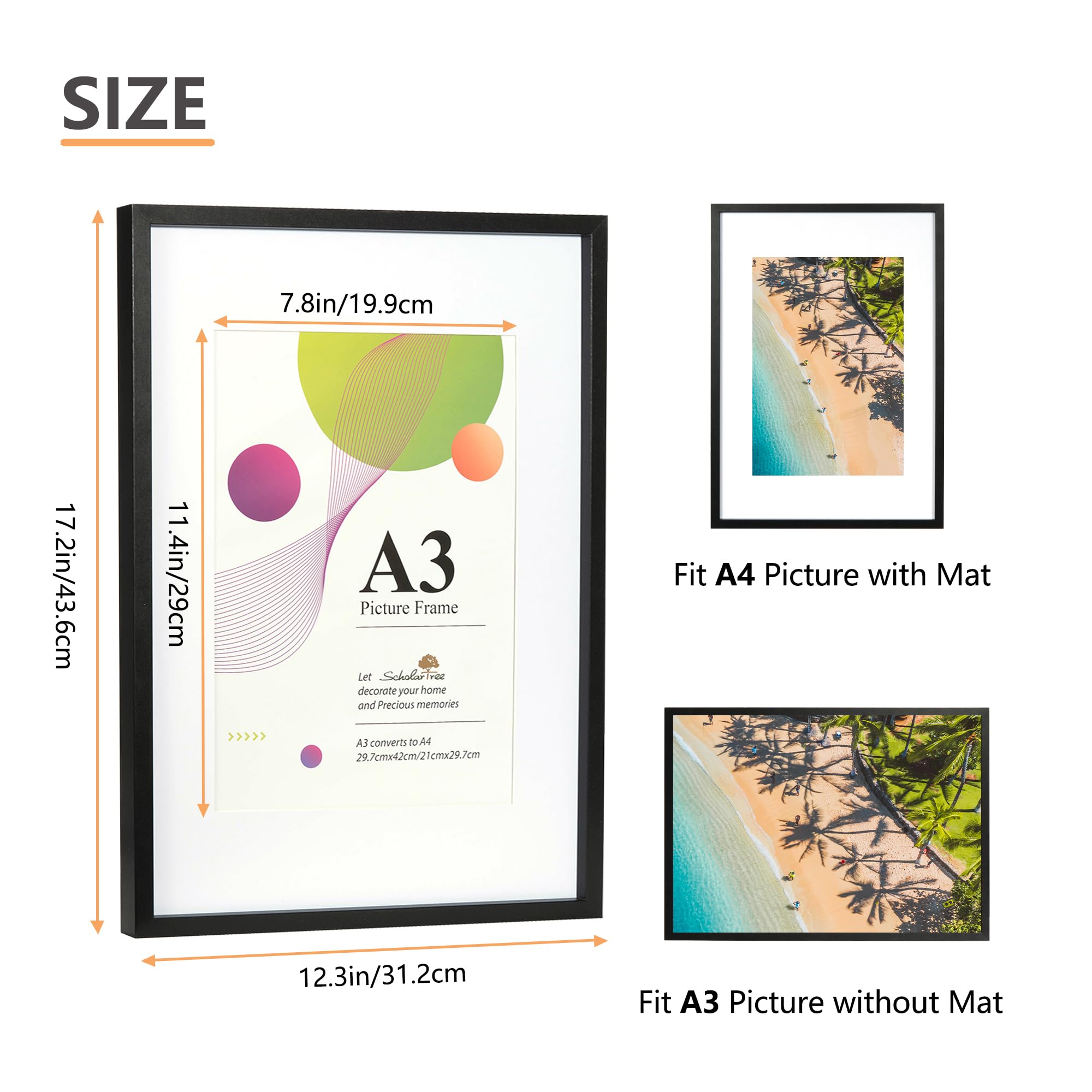 Scholar Tree A3 Frame, 1 Pack A3 Black Frame, Black Picture Frames 29.7 x 42 cm, Wooden Photo Frames with A4 Mount - Image 4