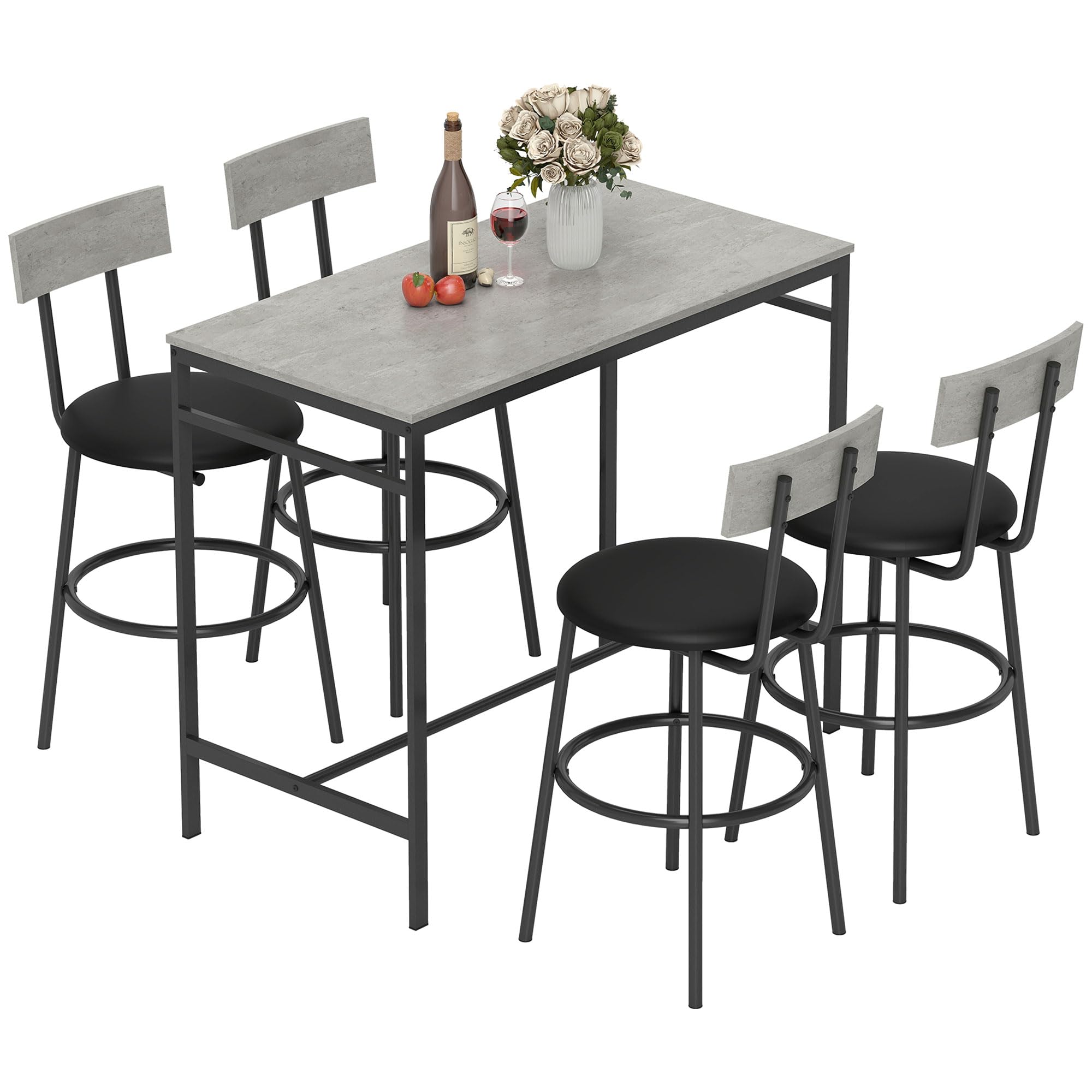 HOMCOM Juego de Mesa de Bar con 4 taburetes con tapicería de Cuero de PU, sillas de Bar y Cocina Que ahorran Espacio con Patas de Acero, Estilo Moderno, Mesa Alta con taburetes para el hogar Comedor