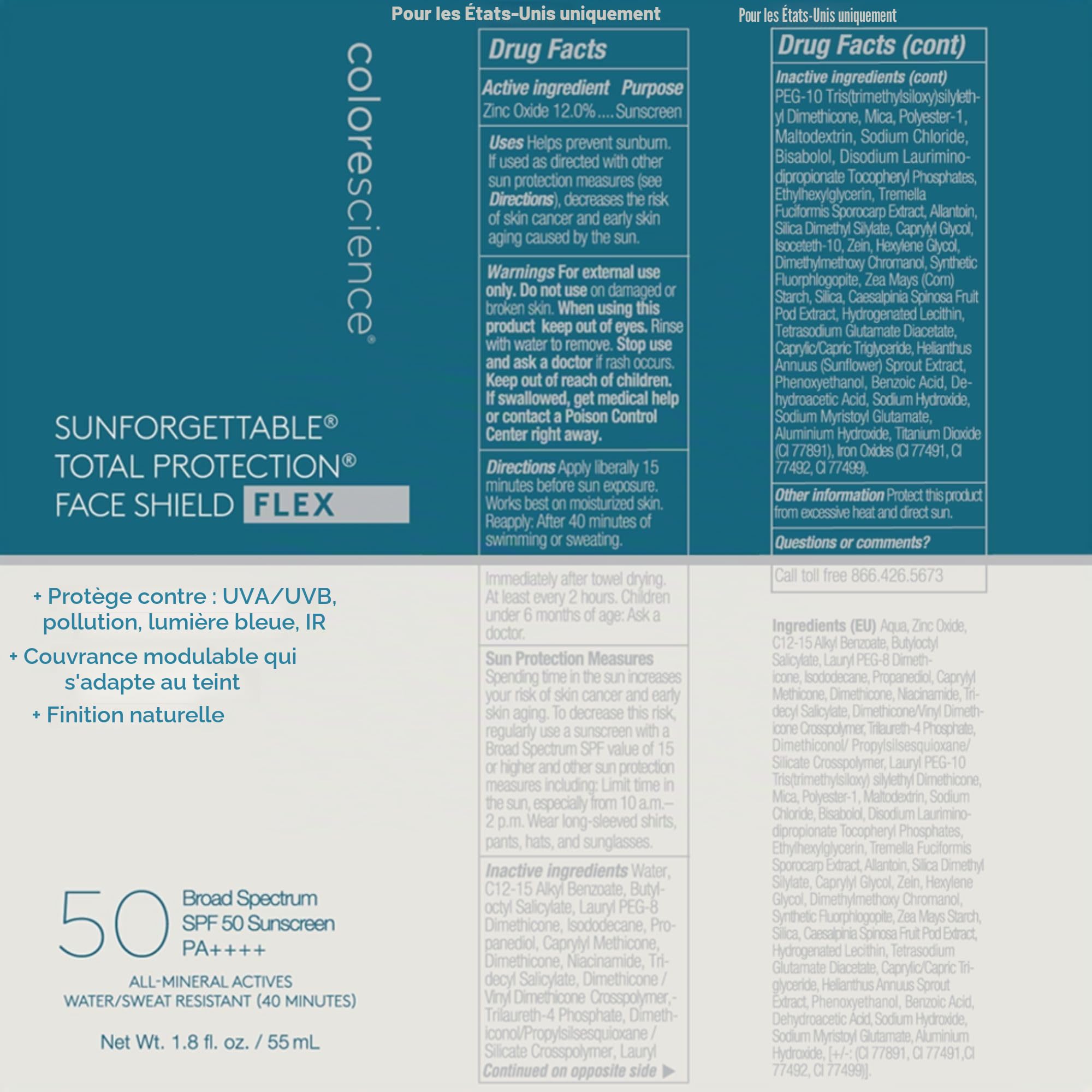 Colorescience Total Protection Face Shield Flex SPF 50 Formule à l'oxyde de zinc Profond 50 ml
