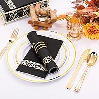 Vista 6 de WDF 100 unidades de servilletas negras y doradas desechables - 3 capas, servilletas negras con borde dorado, servilletas desechables de papel