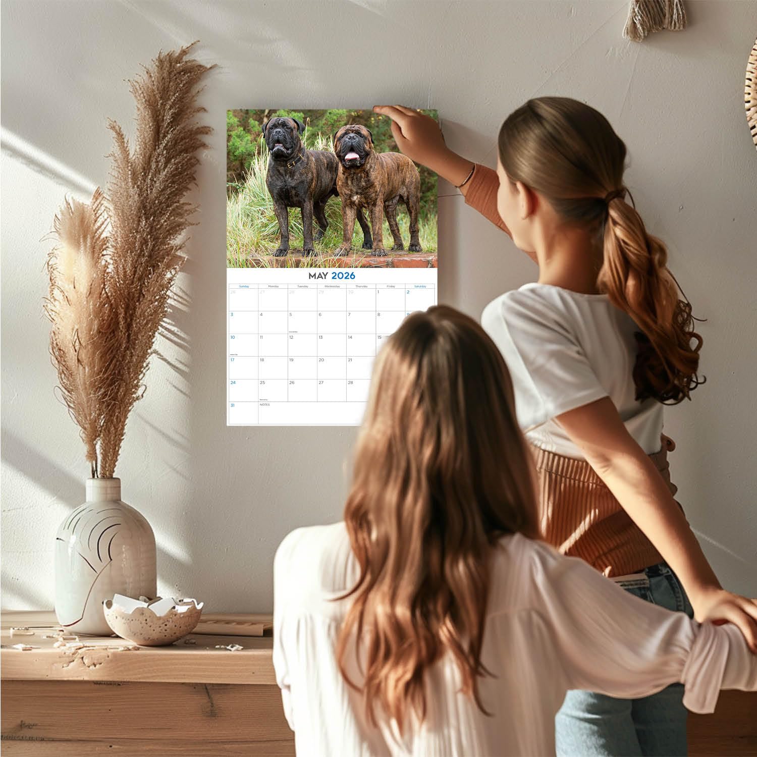 Calendario mensual de pared 2024 2025 con diseño de toro mastín – Calendario mensual de pared de raza de perro – 12 x 18 pulgadas abierto – Papel grueso que no se corre – Regalo – Planificador