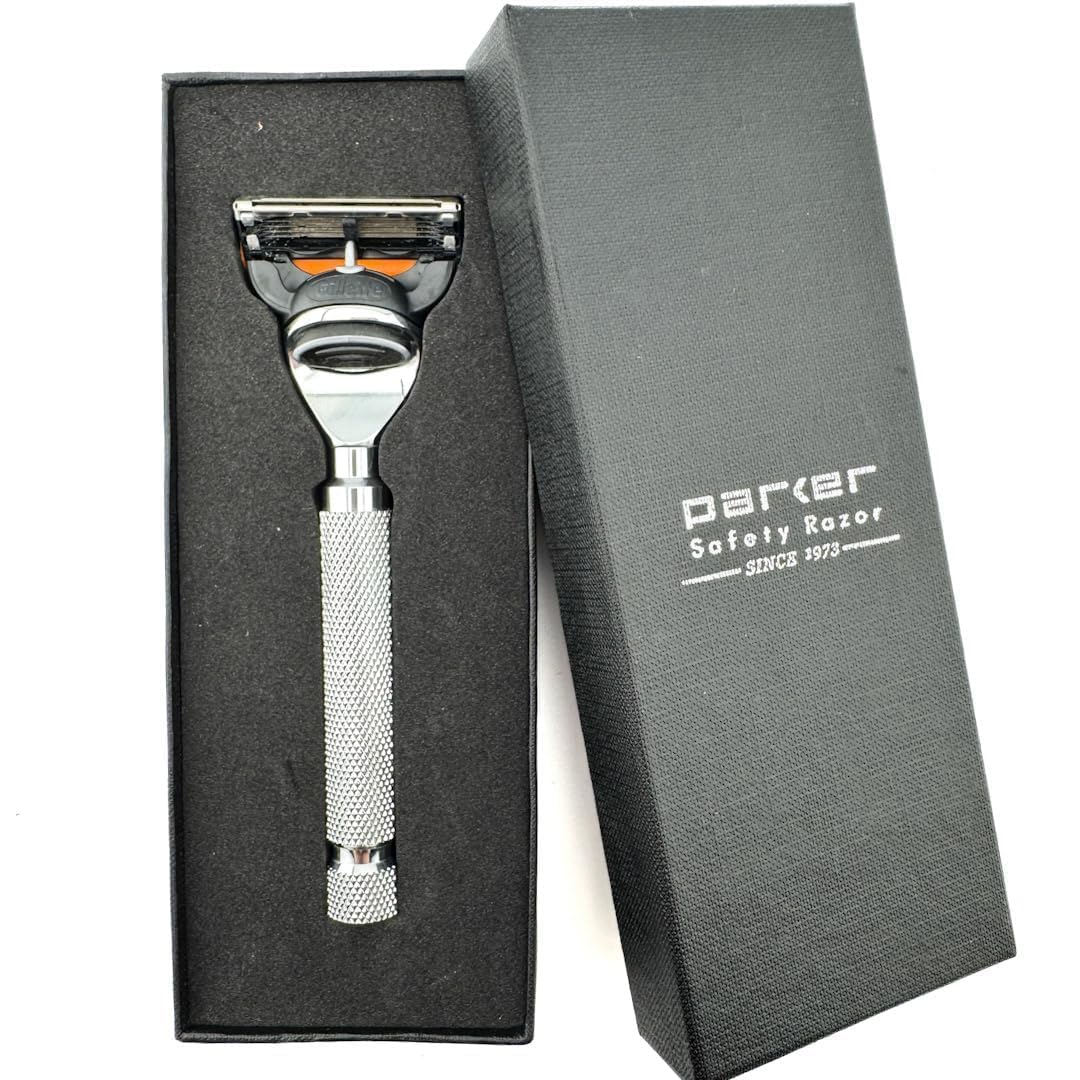 Parker - Mango de afeitar de 5 cuchillas para Fusion Blades - Mango con textura para un afeitado suave y sin tirón | Afeitadora de lujo con hoja Fusion incluida