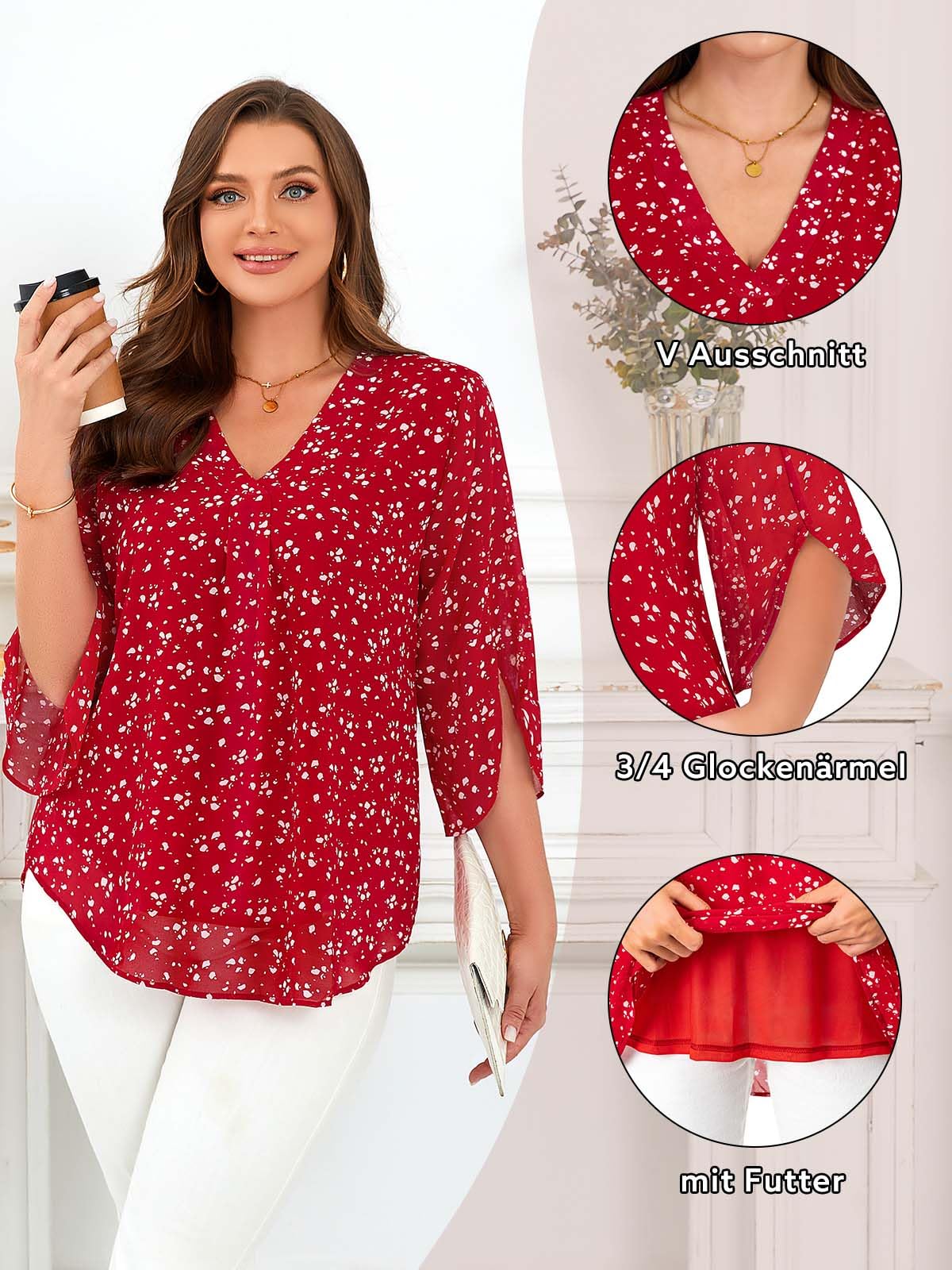 Siddhe Blusa elegante para mujer de gran tamaño, de gasa, manga 3/4, cuello en V, camisa con pétalos de flores, informal, blusa larga fluida, parte superior de gran tamaño para primavera y verano