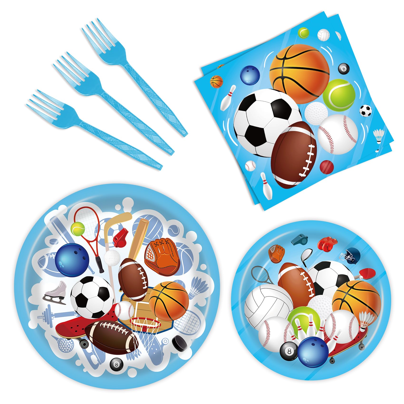 Gatherfun Sports Birthday Party Supplies For 40 Guests – 24 Themed Plates & Napkins Set With Football, Soccer, Baseball, Basketball Designs, Disposable Tableware