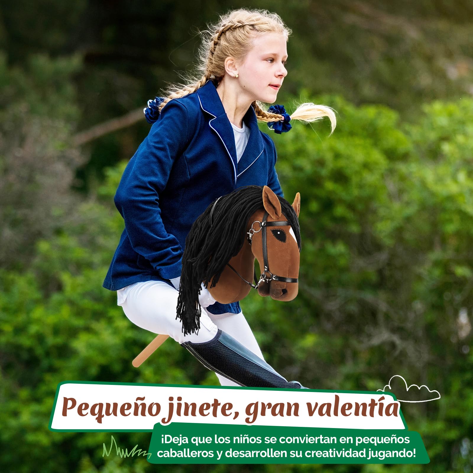 Charmofun Hobby Horse, Caballo de Palo para Niños, Caballo Juguete para Montar con Cabeza A3, Suave Arnés de Felpa y Cola Fluida, Ideal para Juego y Regalo (Marrón)