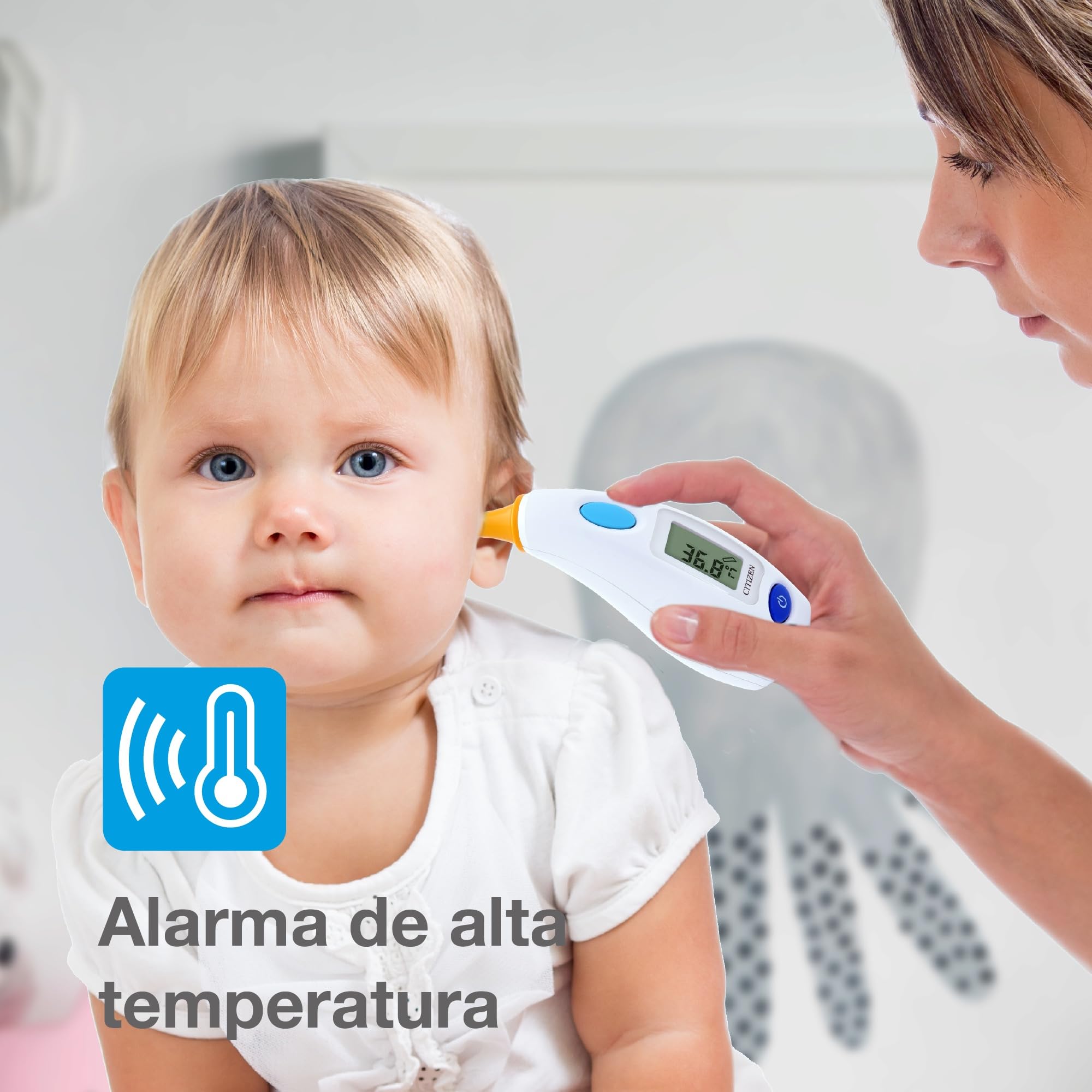 Citizen Termómetro de Oído Digital, Termómetro Auricular Alta Precisión para Adultos, Niños y Bebés, Infrarrojo con Alerta de Fiebre, Antibacteriano, Lectura 1-3 Segundos, 12 Memorias