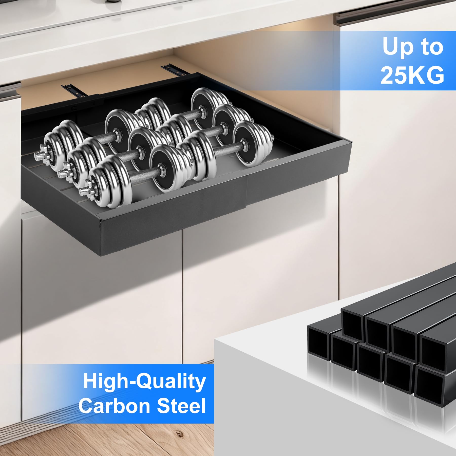 Teleskopschublade Ausziehbare Schublade Küche Breite 32–53 cm Tiefe 42 cm Ohne Bohren Metallschienen Organizer