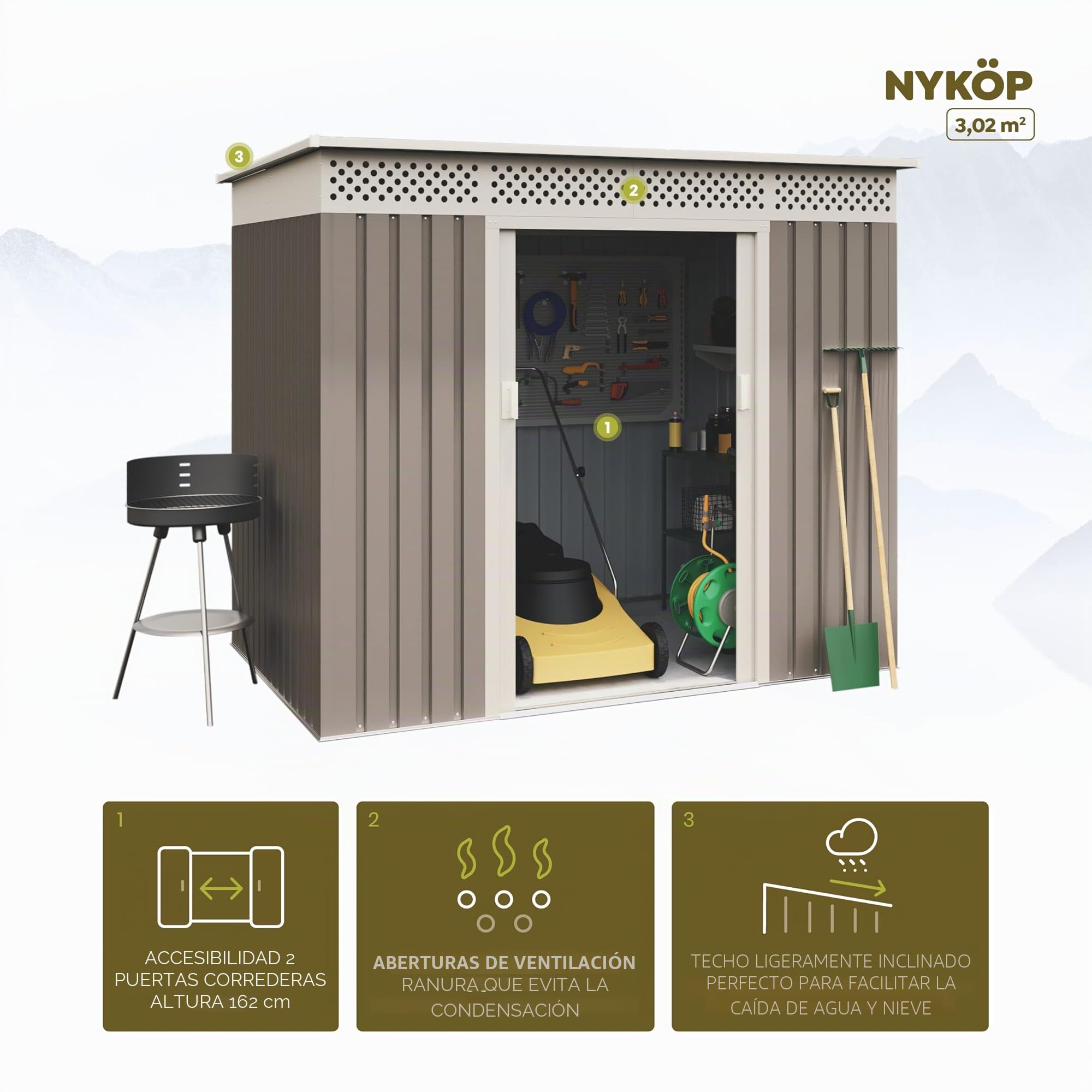 Hoggar - Caseta Metálica Jardín 3,02m2 - Respiraderos para Evitar Condensación – Techo Inclinado – Garantía 10 Años Anticorrosión - Topo Beige – Cobertizo Resistente Metal Almacenaje Exterior