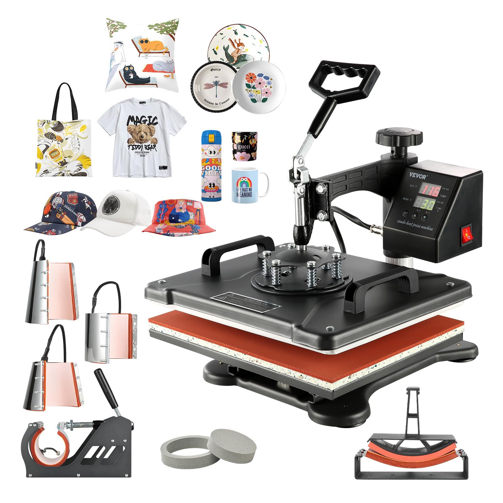 VEVOR Presse à Chaud Numérique 8 en 1, Machine de Sublimation Textile avec Plaque Chauffante de 29x38 cm, pour DIY T-shirts Mugs Casquettes et Assiettes, Presse à Imprimer Multifonctionnelle