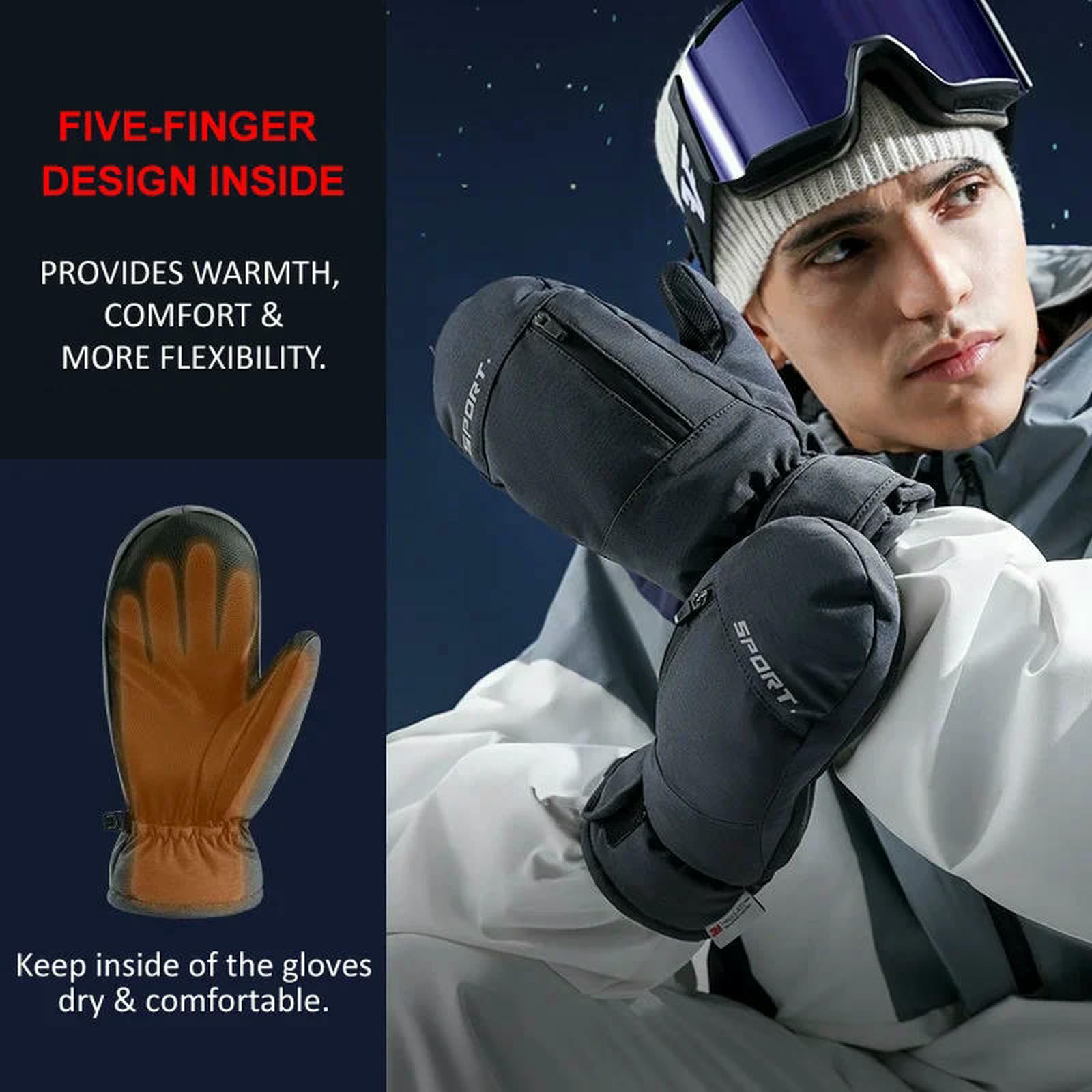 Guanti da Sci Invernali per Adulti Esterni Termici Touch Screen Neve Skateboard Antivento Impermeabili Antiscivolo-Nero