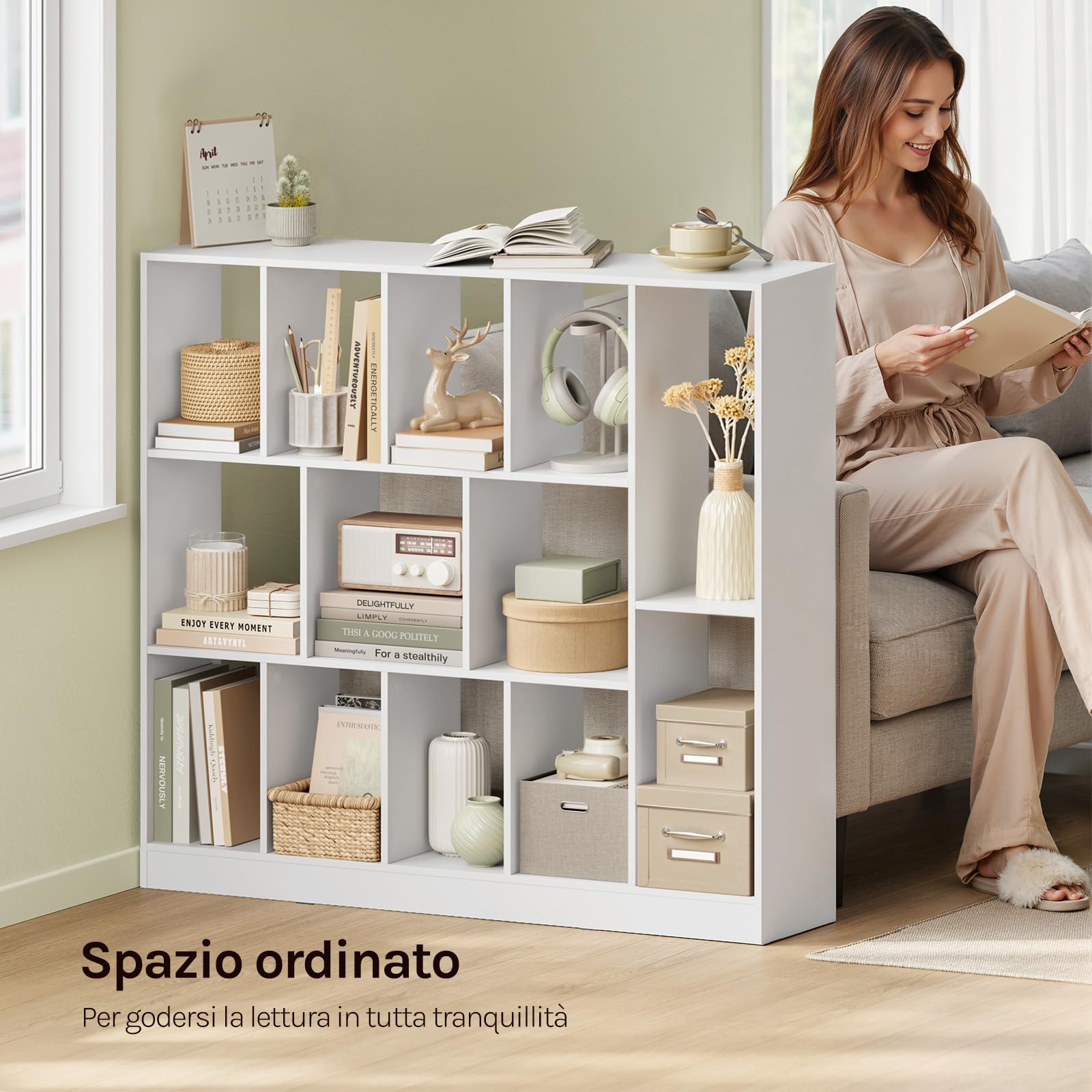 WOLTU Libreria a 13 Cubi, Scaffale Portaoggetti per Libri, Decorazioni, Piante, Orizzontale o Verticale, in Legno, per Soggiorno, Camera da Letto, Ufficio, 109x24x101 cm, Bianco